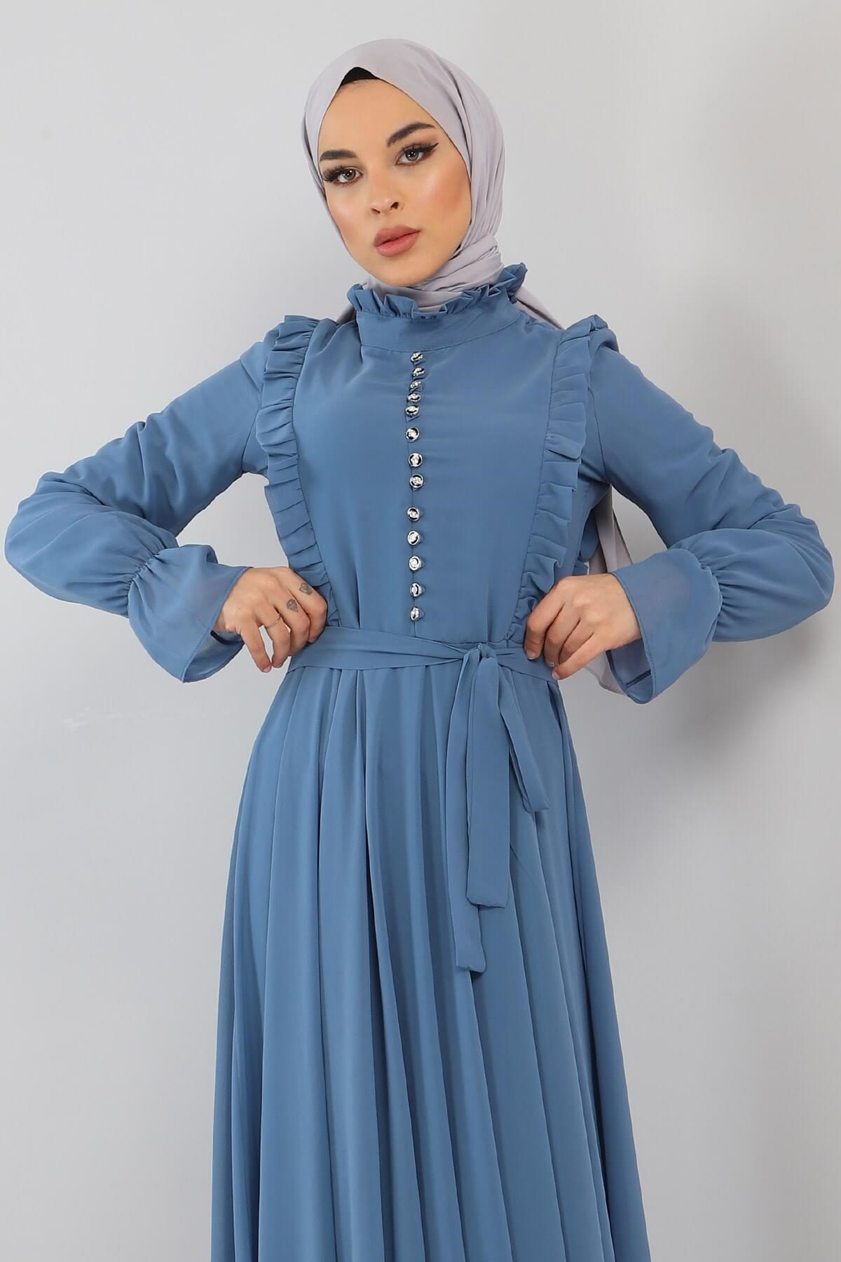 Fırfır Detaylı Şifon Abiye Bebe Mavisi 10787