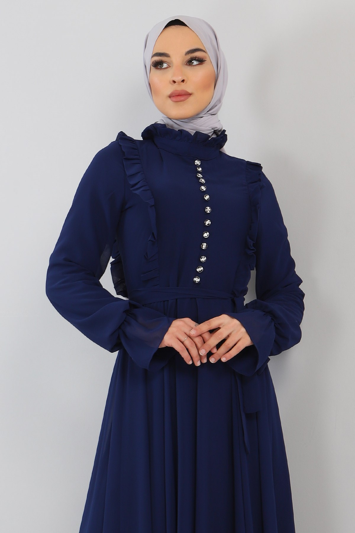 Fırfır Detaylı Şifon Abiye İndigo 10787