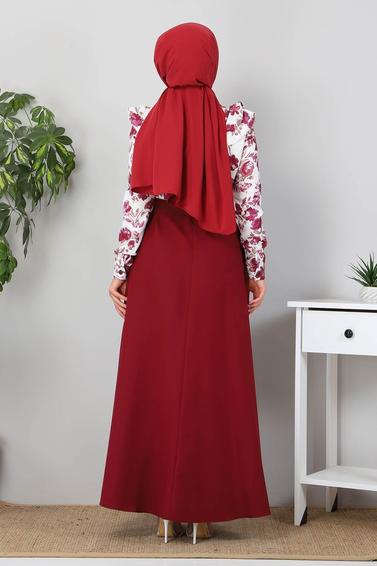 Fırfırlı Çiçekli Elbise Bordo 9817