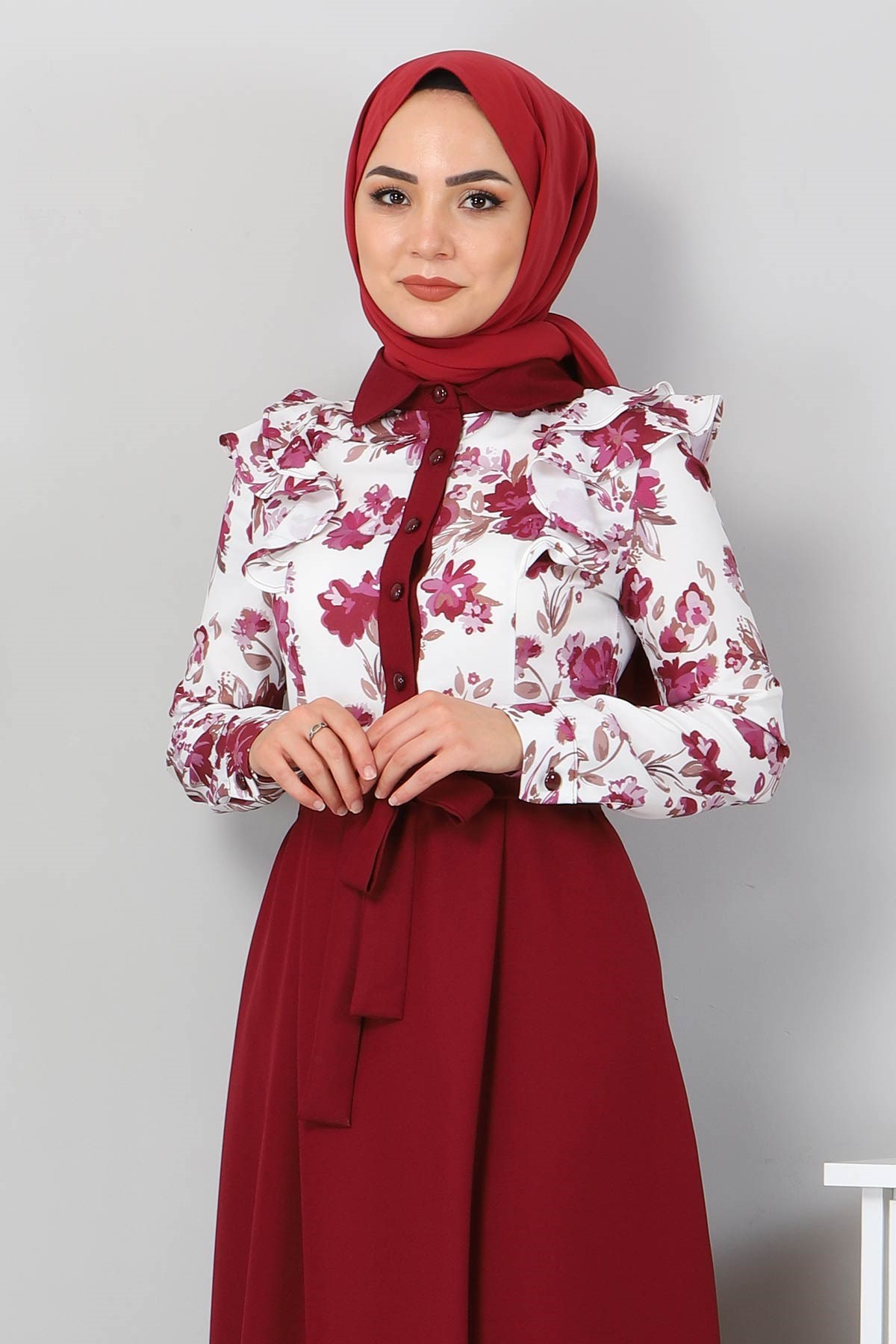 Fırfırlı Çiçekli Elbise Bordo 9817