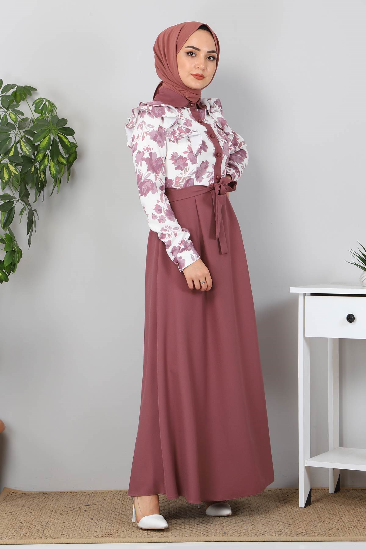 Fırfırlı Çiçekli Elbise Gül Kurusu 9817