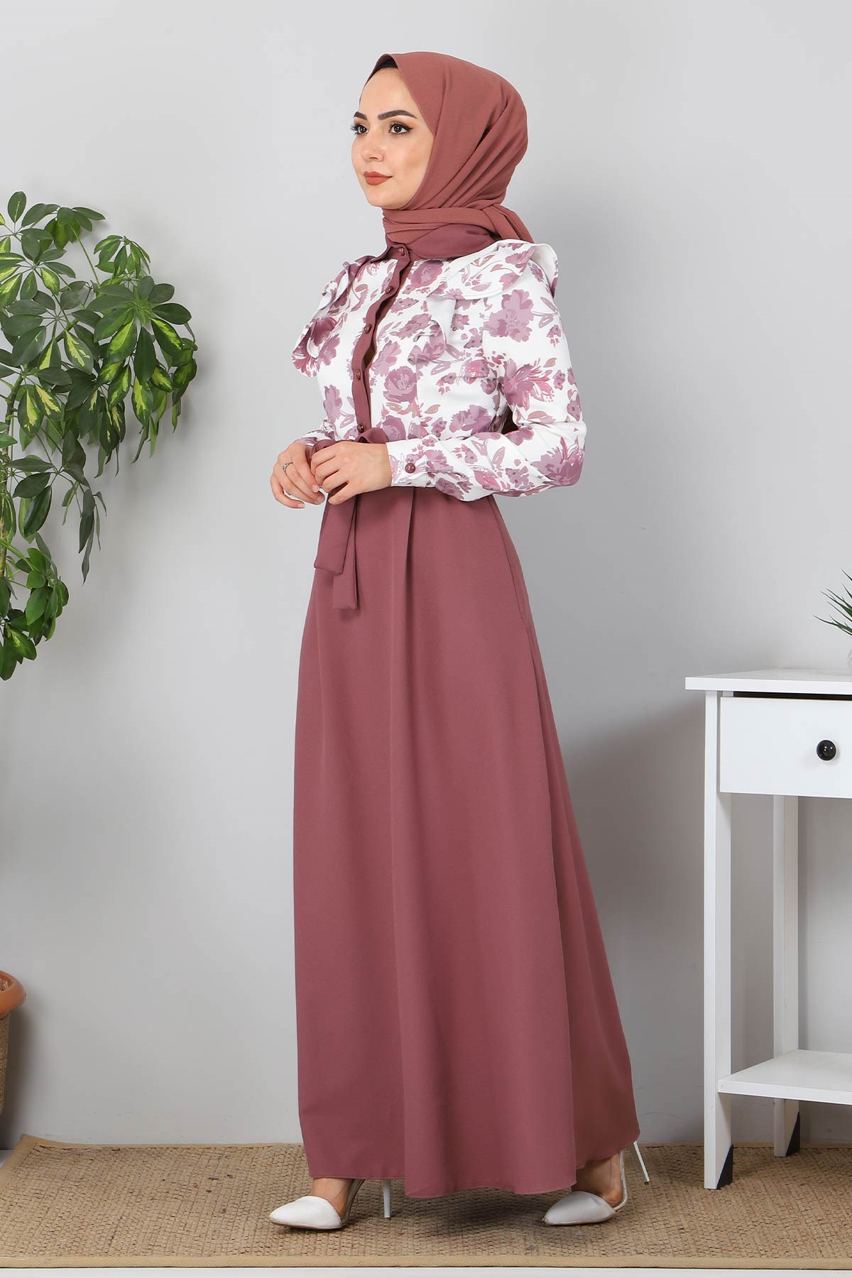 Fırfırlı Çiçekli Elbise Gül Kurusu 9817