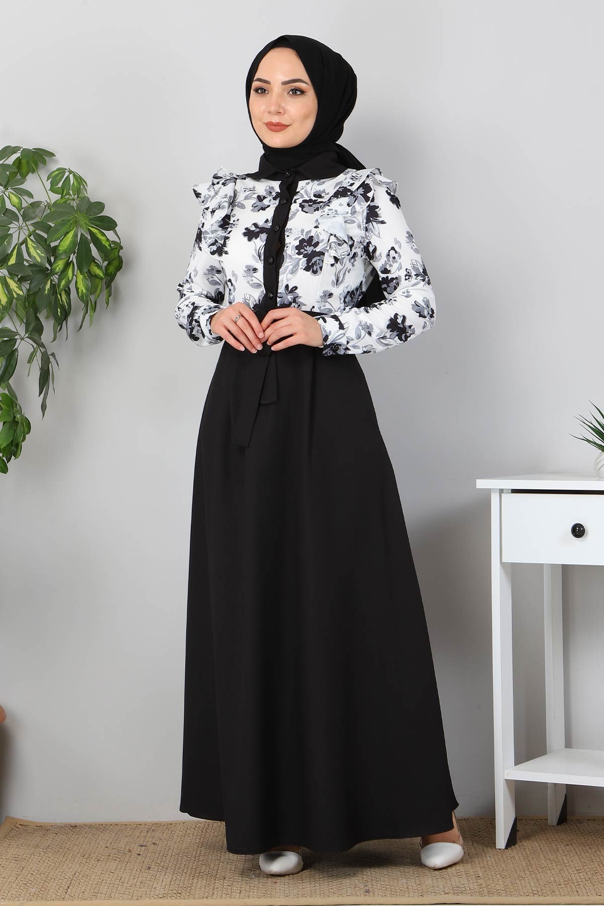 Fırfırlı Çiçekli Elbise Siyah 9817