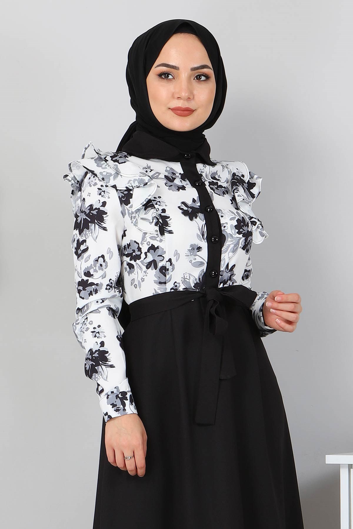 Fırfırlı Çiçekli Elbise Siyah 9817