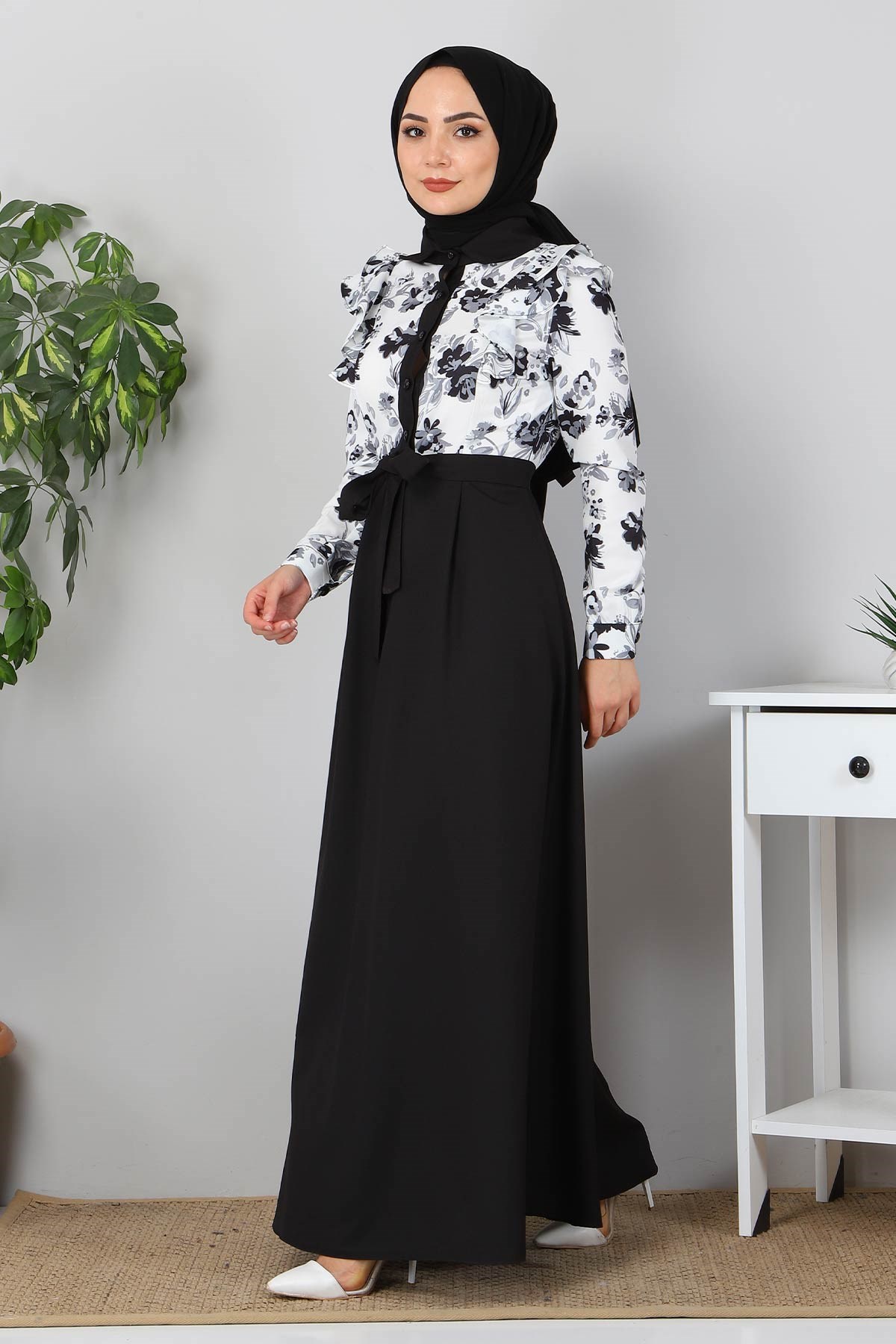 Fırfırlı Çiçekli Elbise Siyah 9817