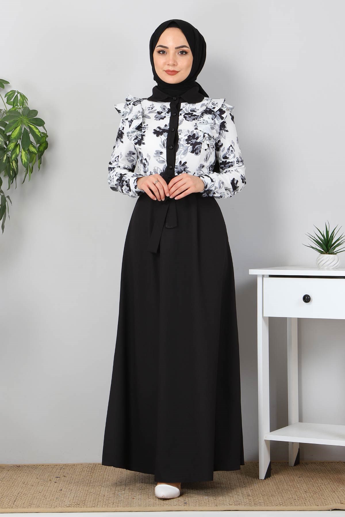 Fırfırlı Çiçekli Elbise Siyah 9817