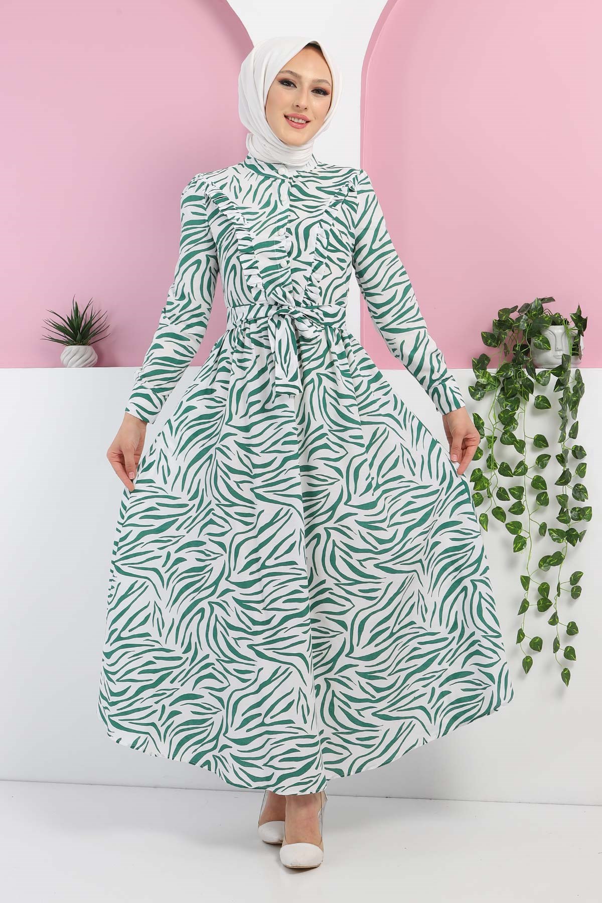 Fırfırlı Desenli Elbise Mint 9235