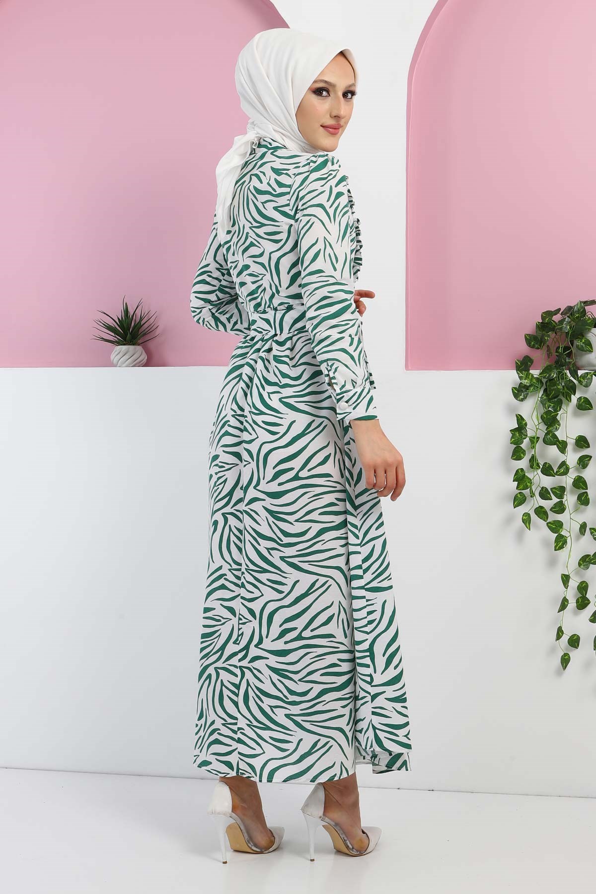 Fırfırlı Desenli Elbise Mint 9235