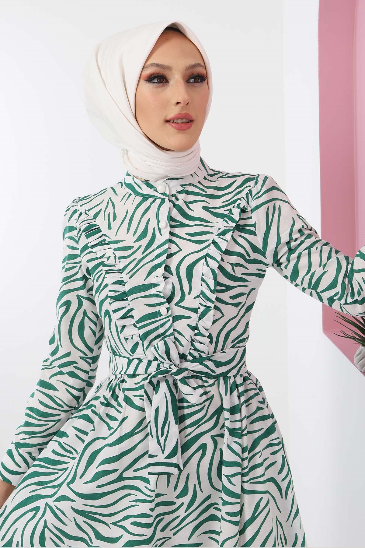 Fırfırlı Desenli Elbise Mint 9235