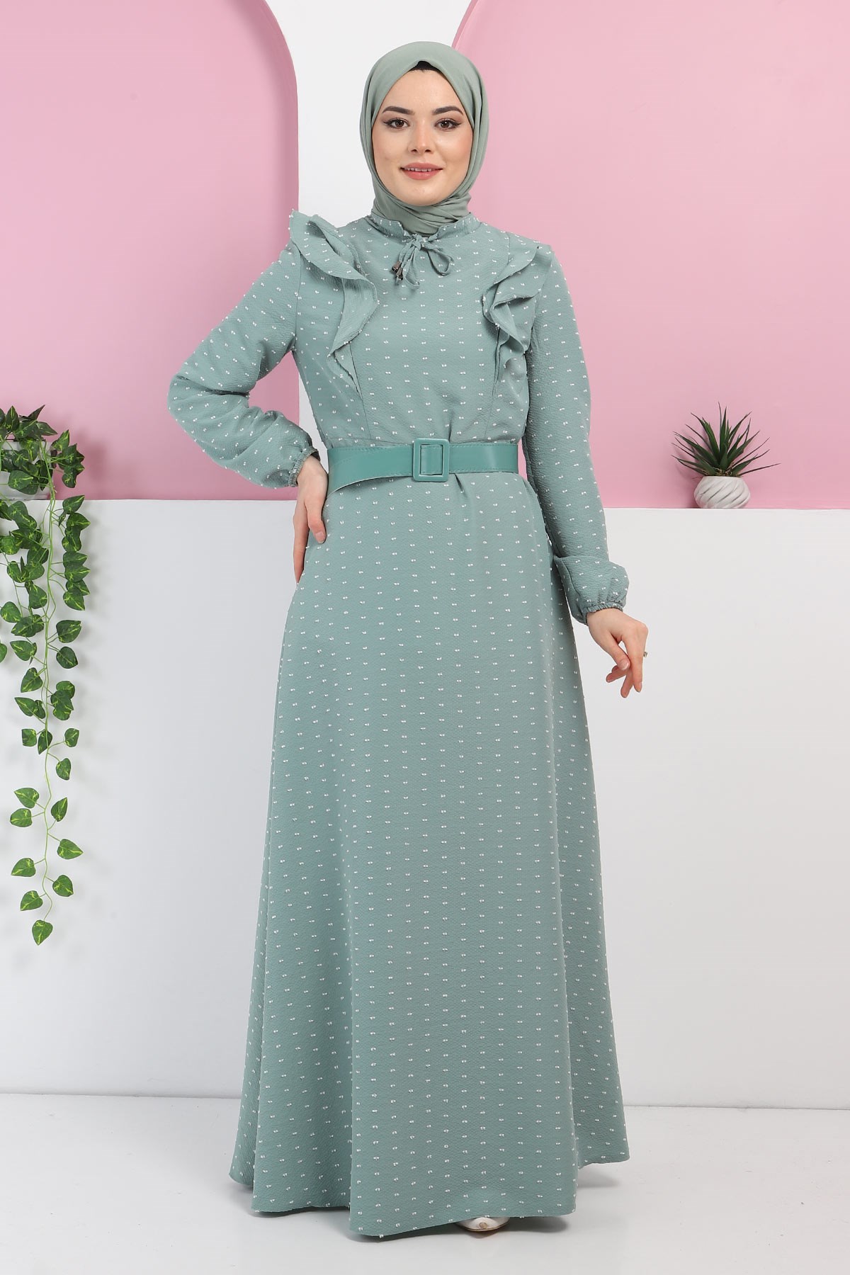 Fırfırlı Kemerli Elbise Mint 10041