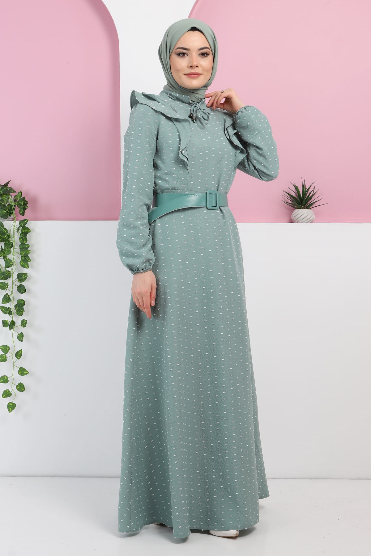 Fırfırlı Kemerli Elbise Mint 10041