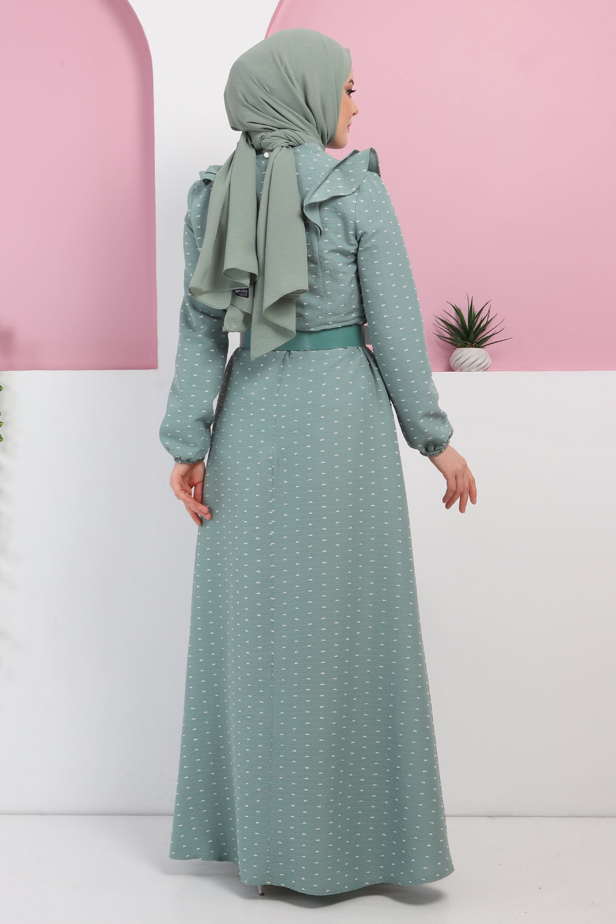 Fırfırlı Kemerli Elbise Mint 10041