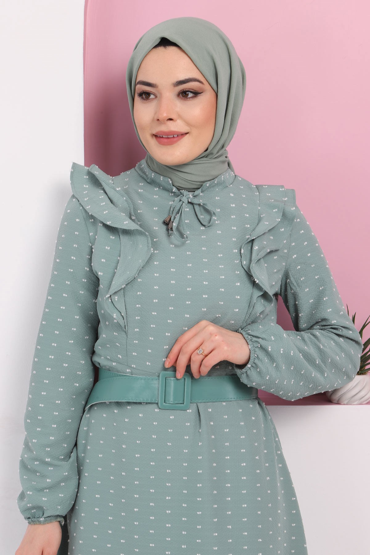 Fırfırlı Kemerli Elbise Mint 10041
