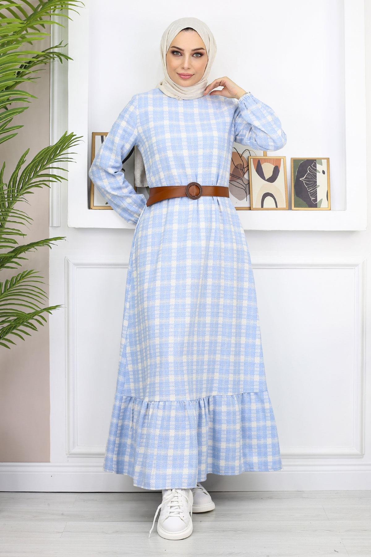 Fırfırlı Tesettür Elbise Mavi 19165