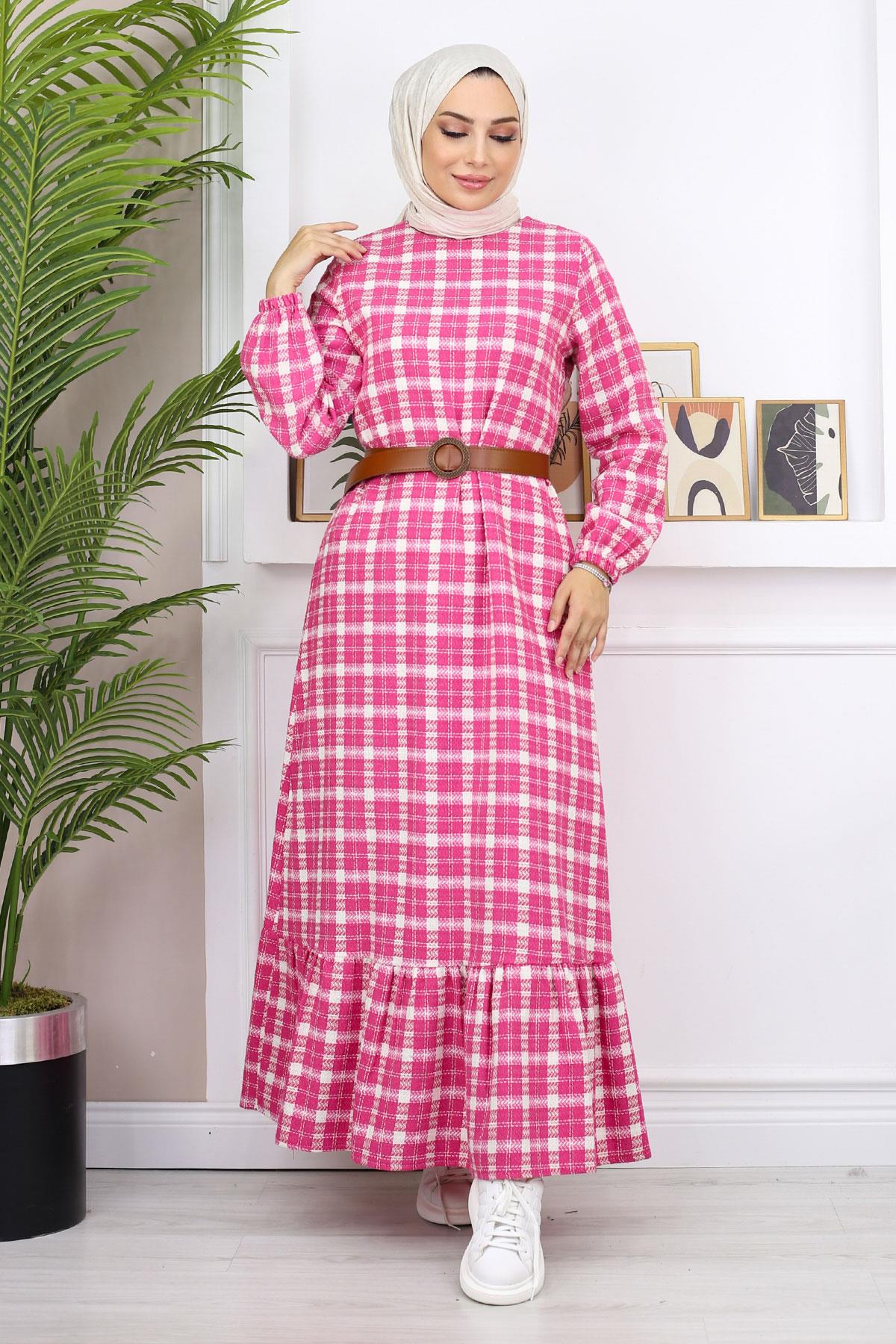 Fırfırlı Tesettür Elbise Pembe 19165