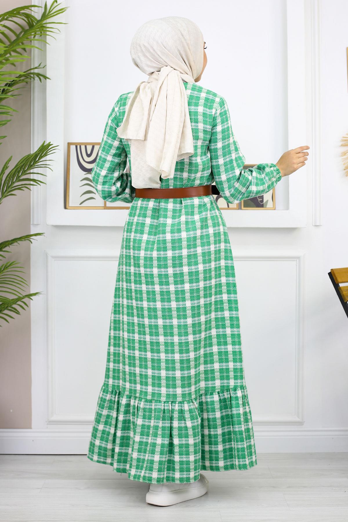 Fırfırlı Tesettür Elbise Yeşil 19165