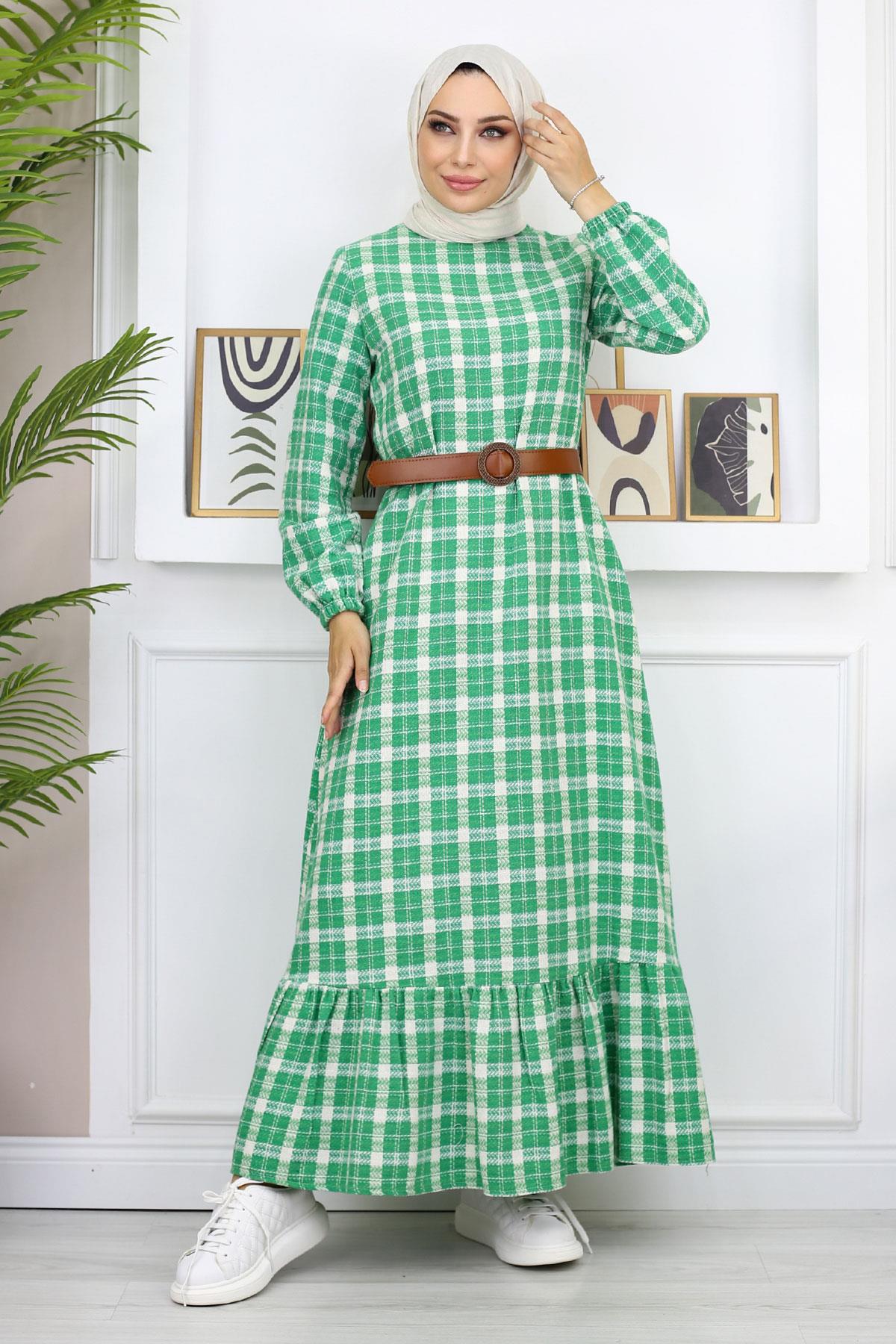 Fırfırlı Tesettür Elbise Yeşil 19165