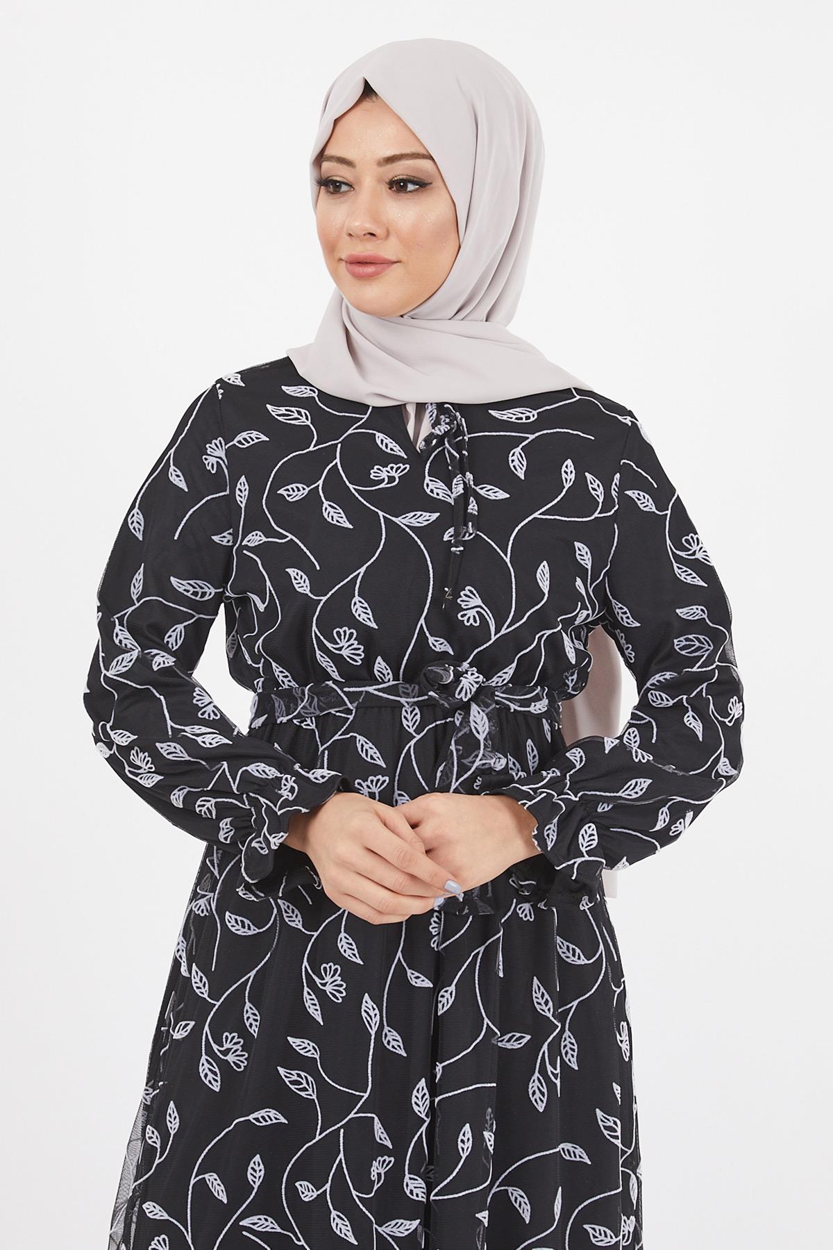 Flok Baskı Şifon Elbise Ekru 12224