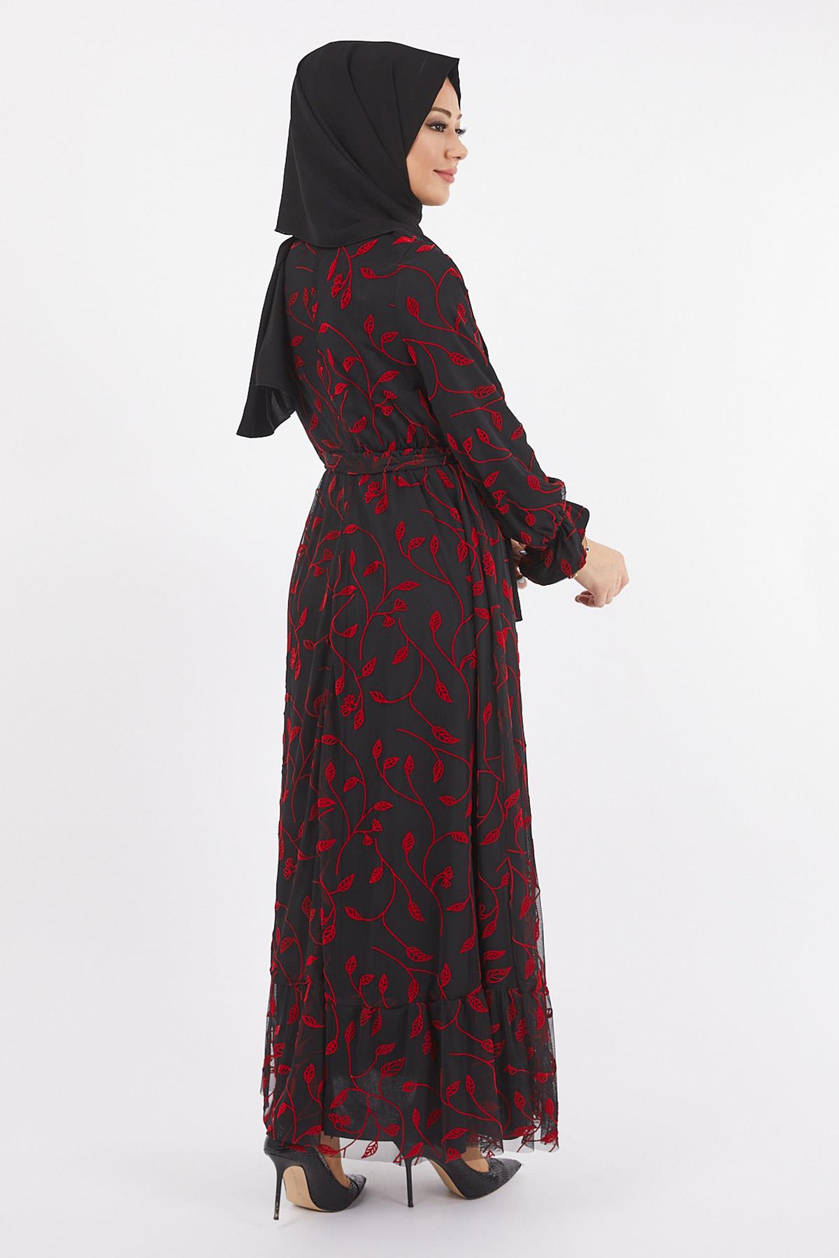 Flok Baskı Şifon Elbise Kırmızı 12224