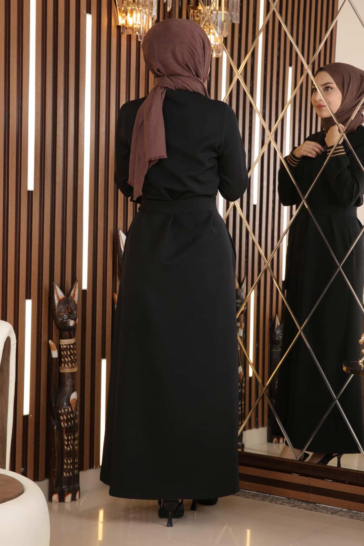 Gizli Düğmeli Ribanalı Ferace Siyah 18901