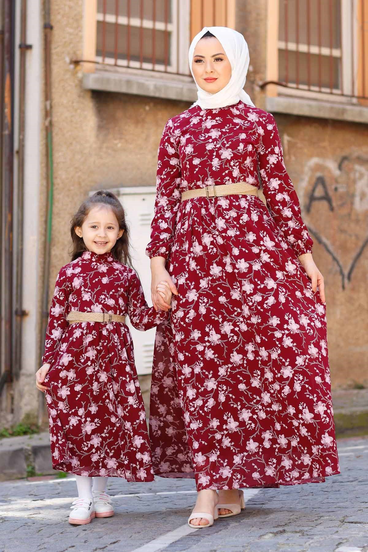 Gül Desen Anne Elbise Bordo 10479-11