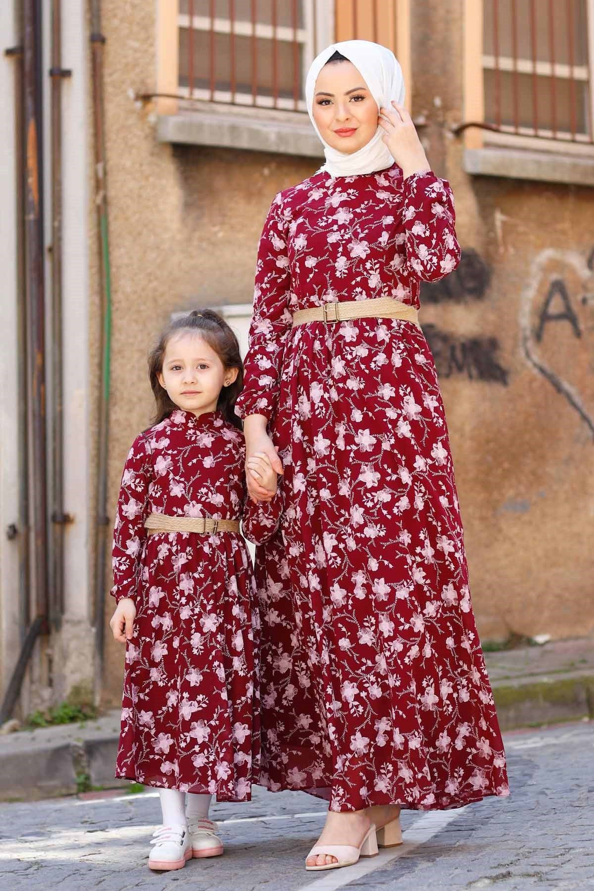 Gül Desen Anne Elbise Bordo 10479-11