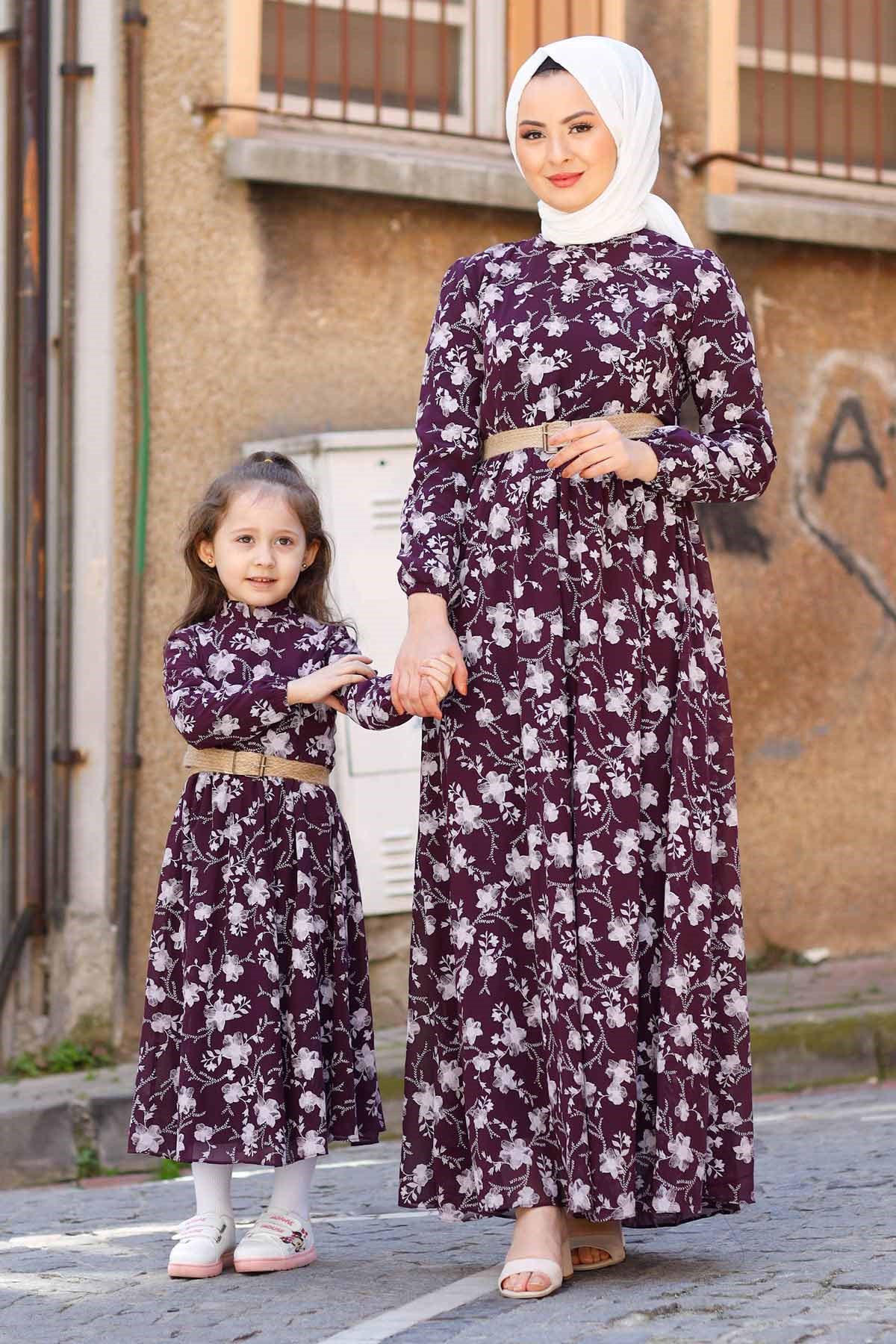 Gül Desen Anne Elbise Mürdüm 10479-11