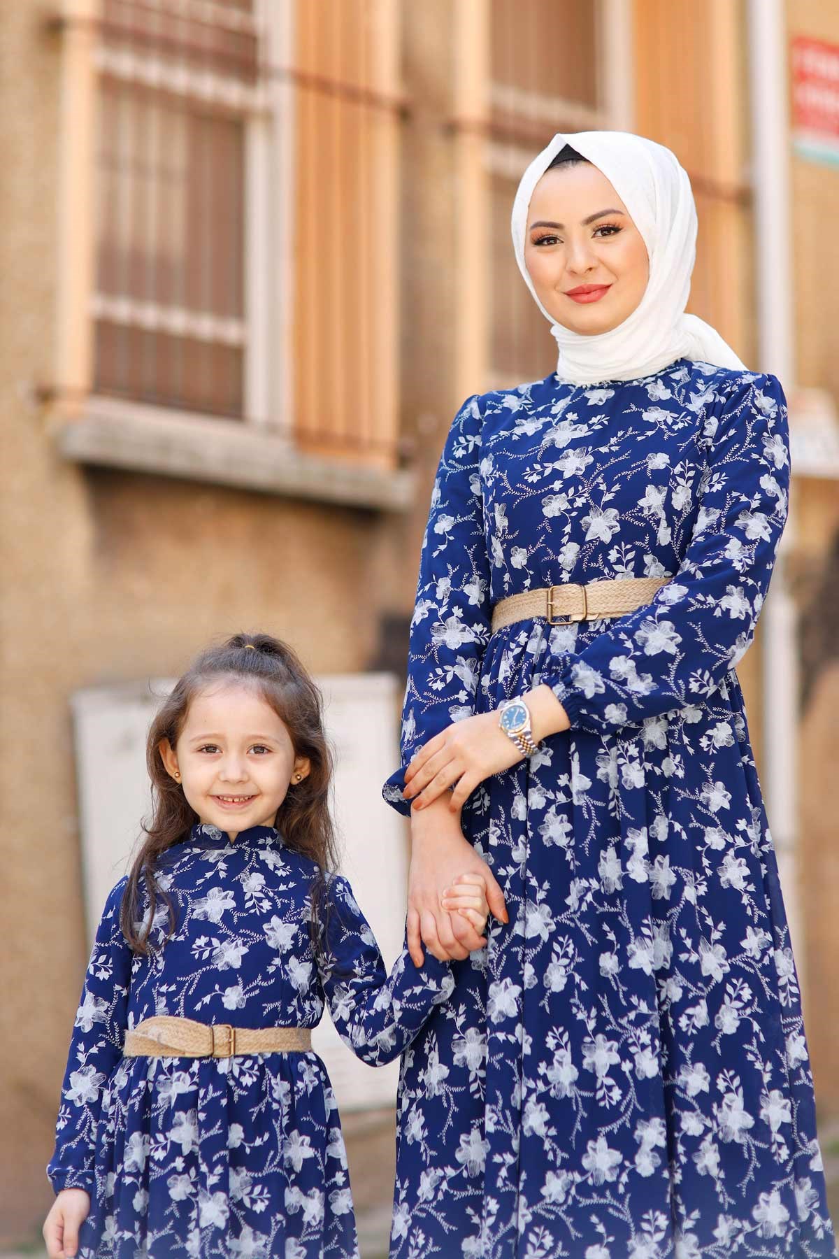 Gül Desen Çocuk Elbise İndigo 10480-11