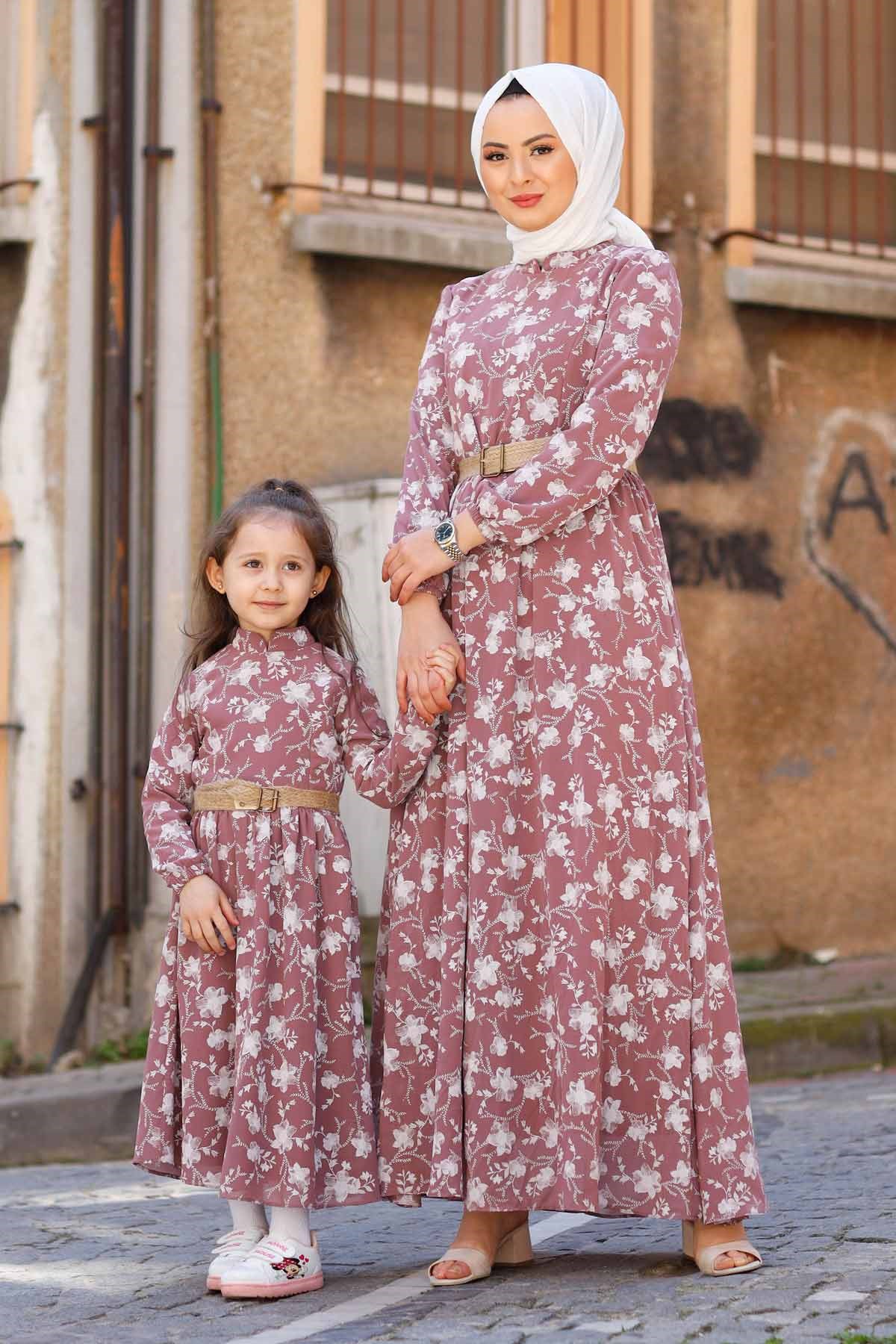 Gül Desen Çocuk Elbise Lila 10480-11
