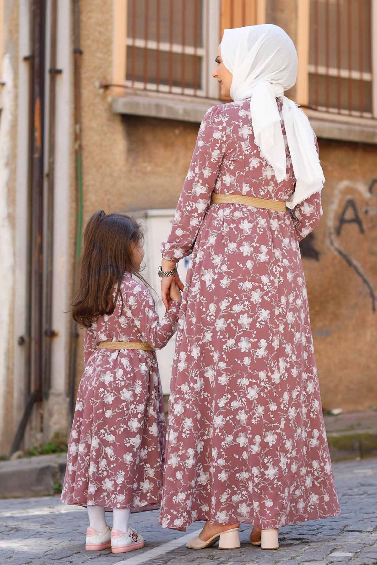 Gül Desen Çocuk Elbise Lila 10480-11