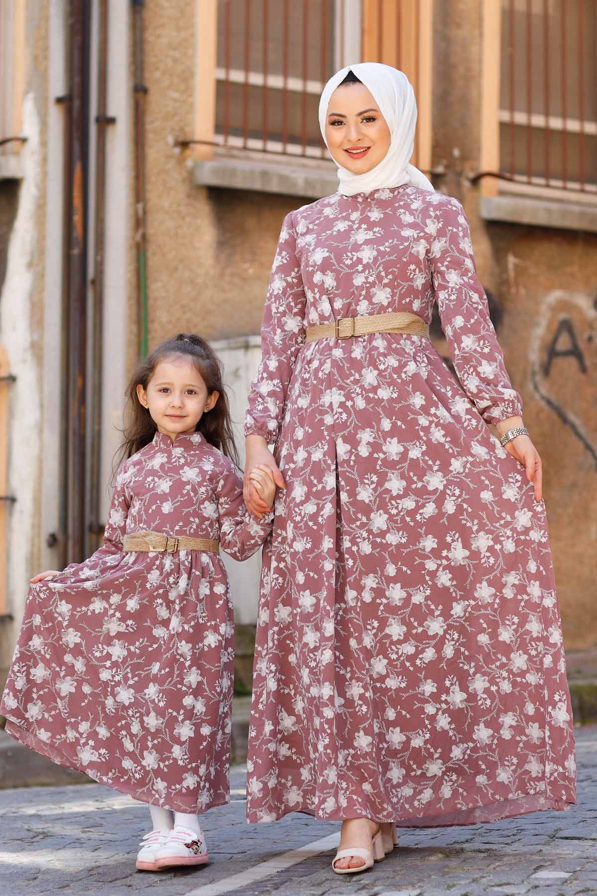 Gül Desen Çocuk Elbise Lila 10480-11