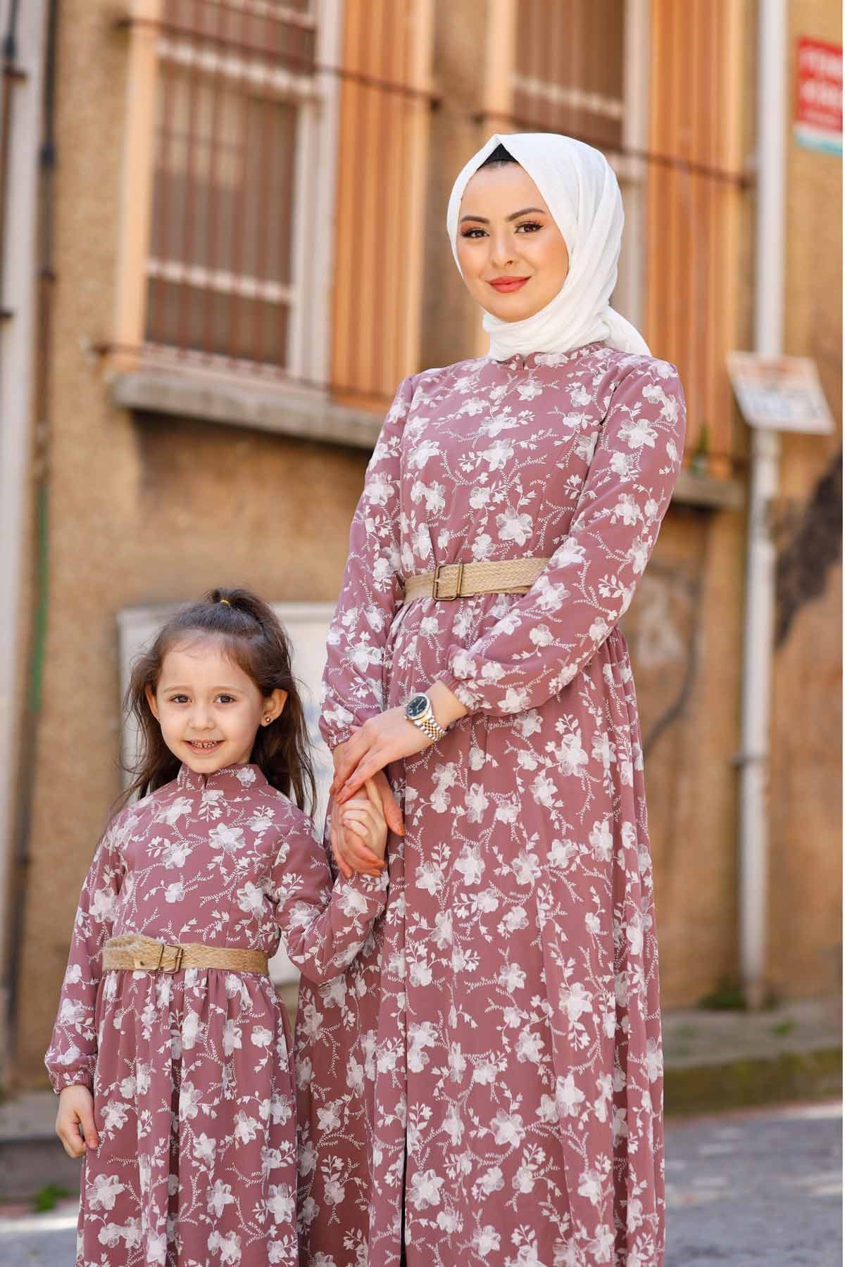 Gül Desen Çocuk Elbise Lila 10480-11