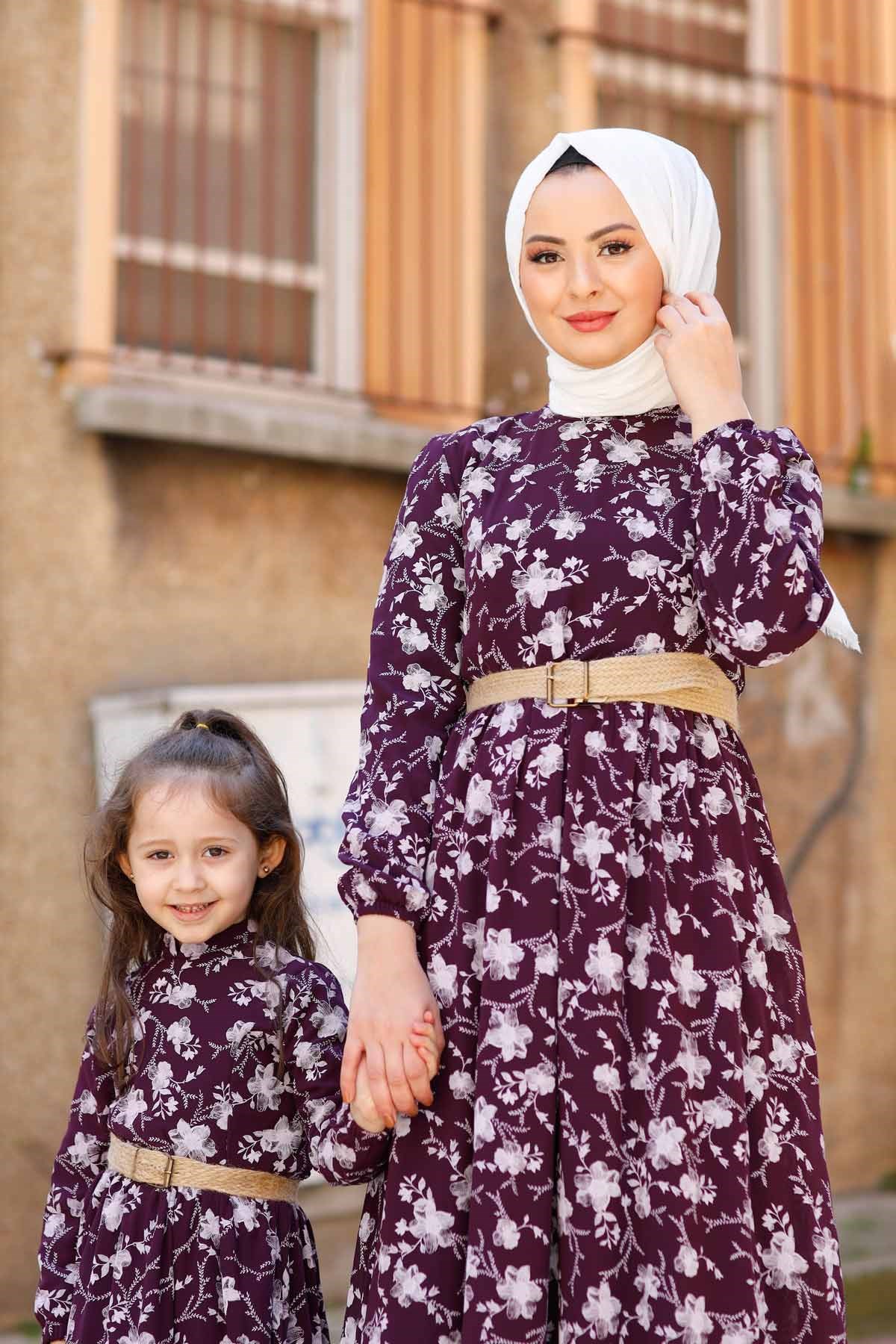 Gül Desen Çocuk Elbise Mürdüm 10480-11