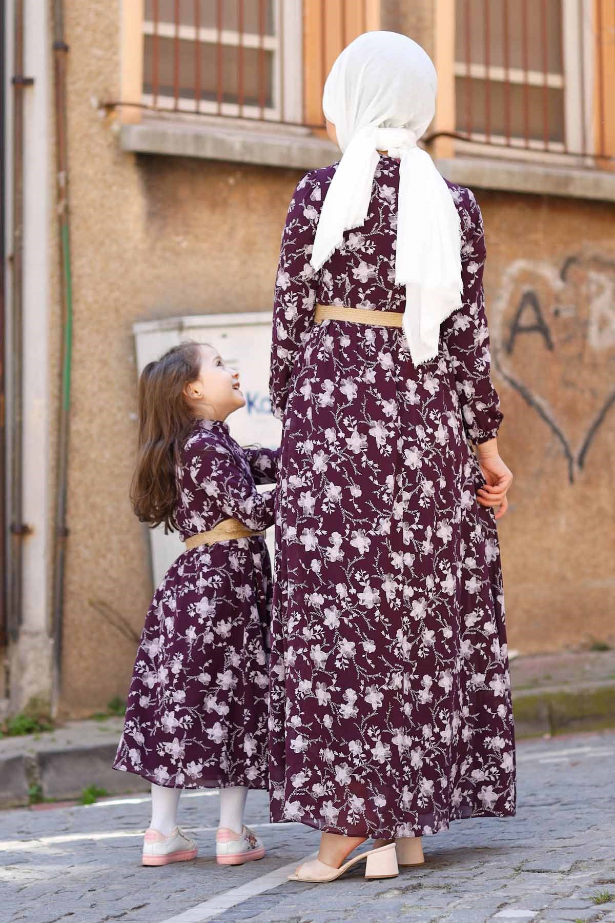 Gül Desen Çocuk Elbise Mürdüm 10480-11