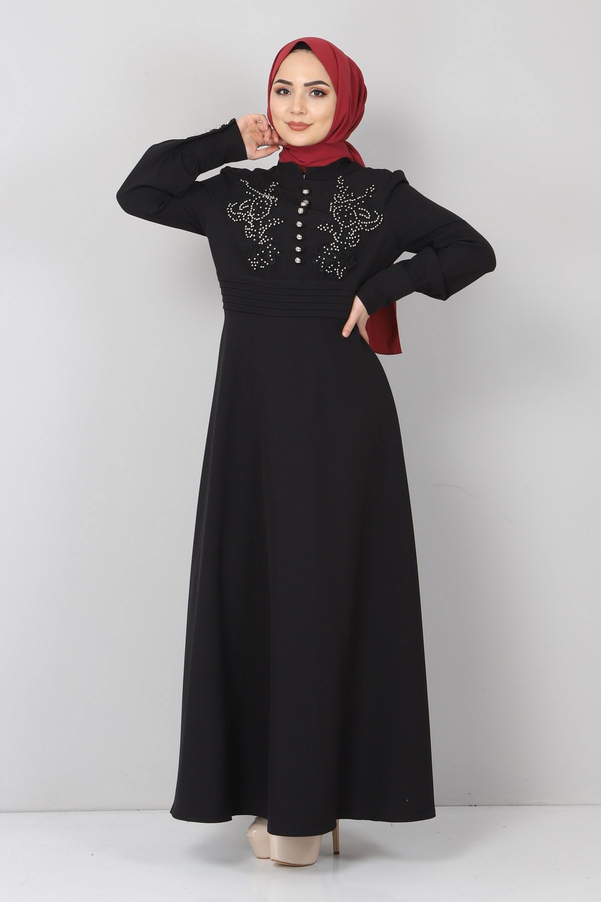 Güpürü İncili Tesettür Elbise Siyah Siyah 9673