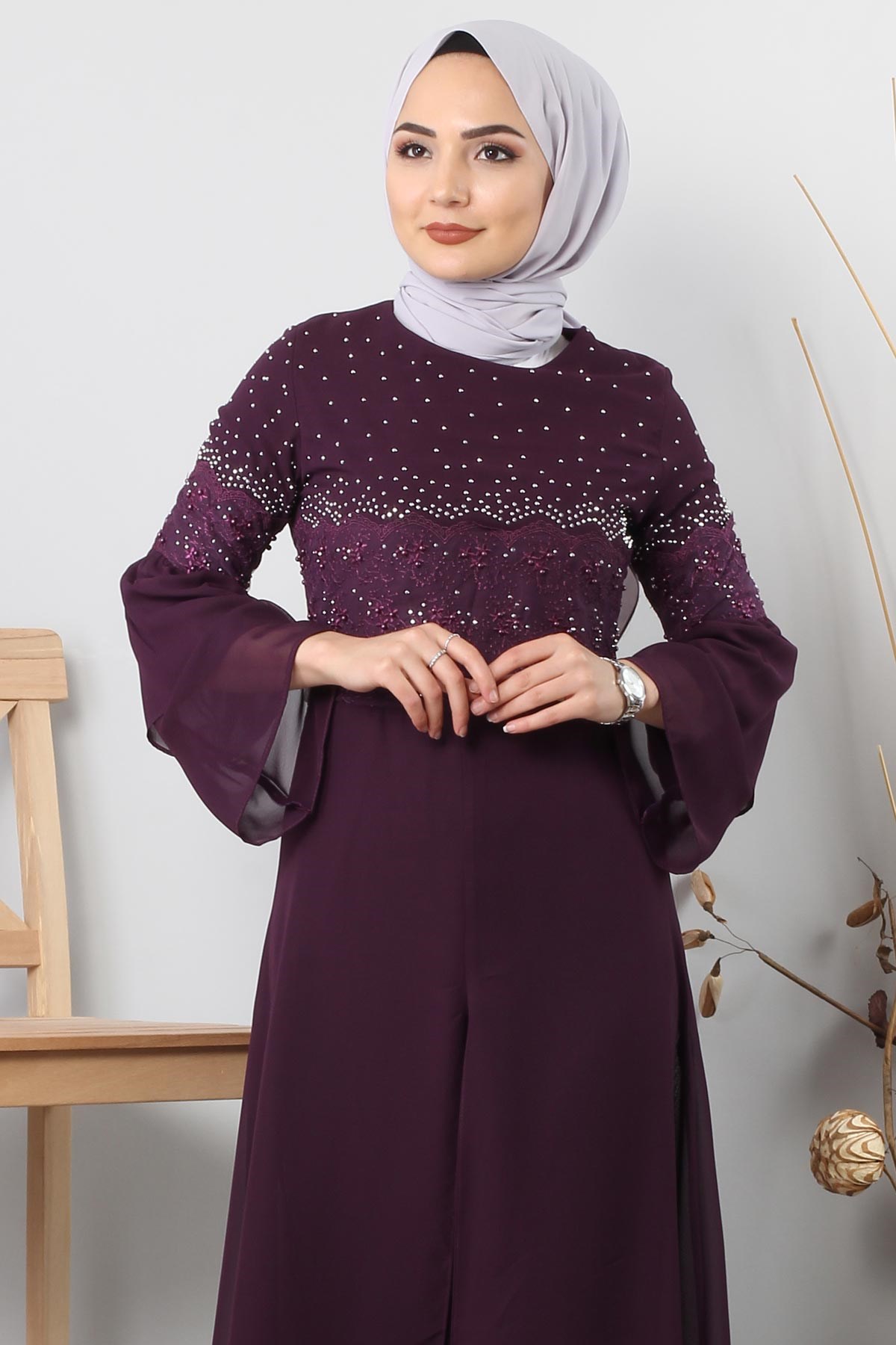 Güpürü Taşlı Tesettür Kombin Mor 9104