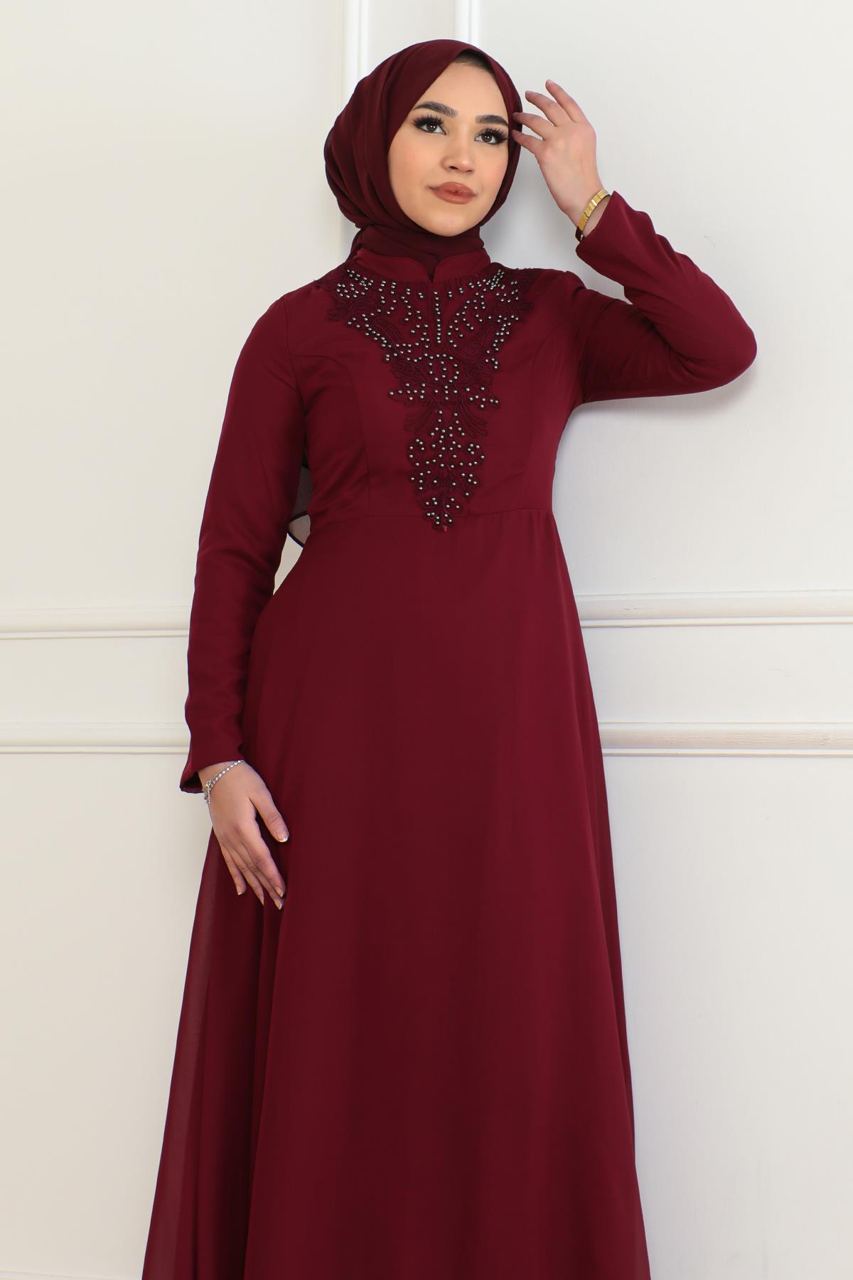 İnci Detaylı Abiye Bordo 6130