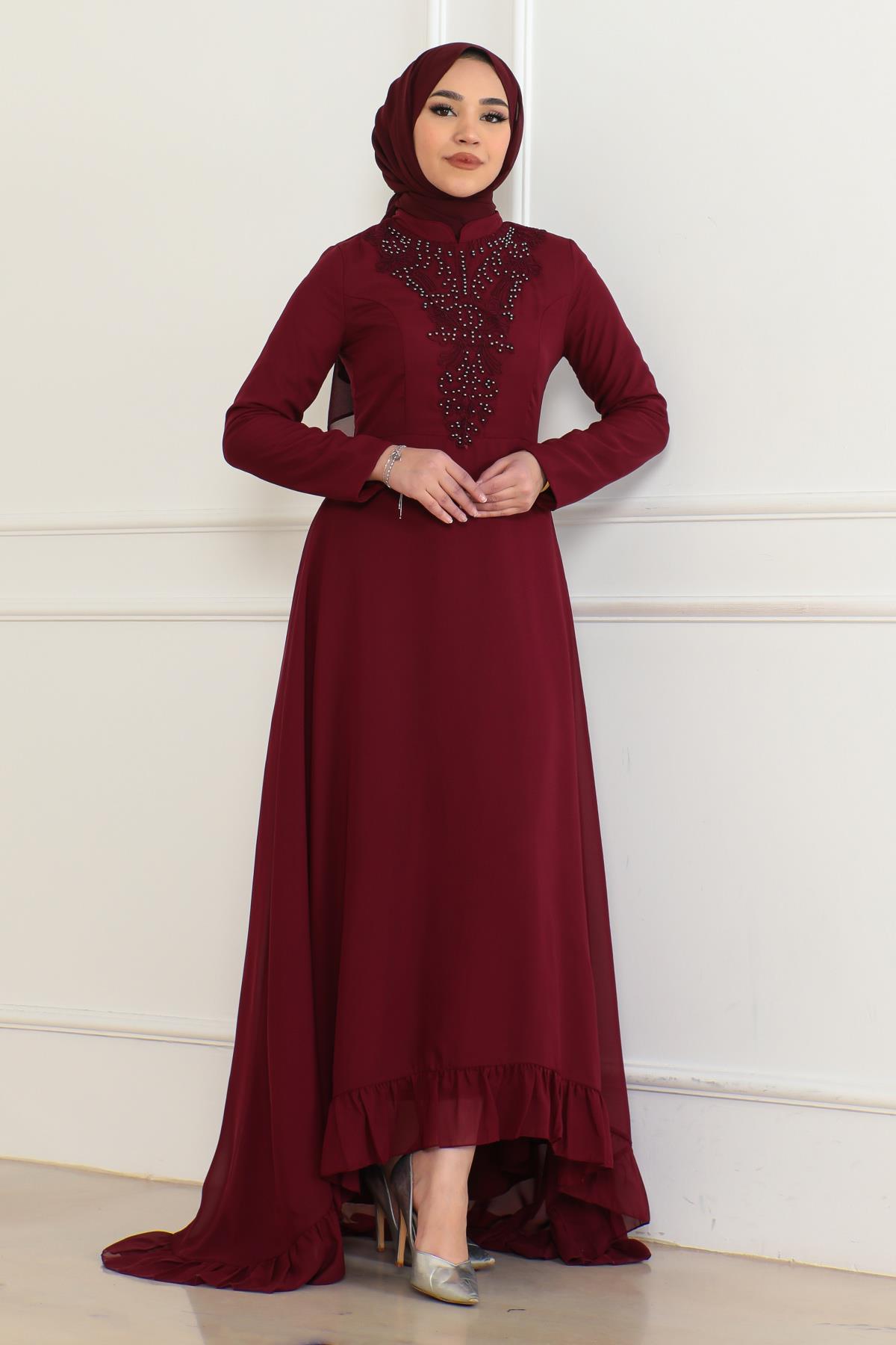 İnci Detaylı Abiye Bordo 6130