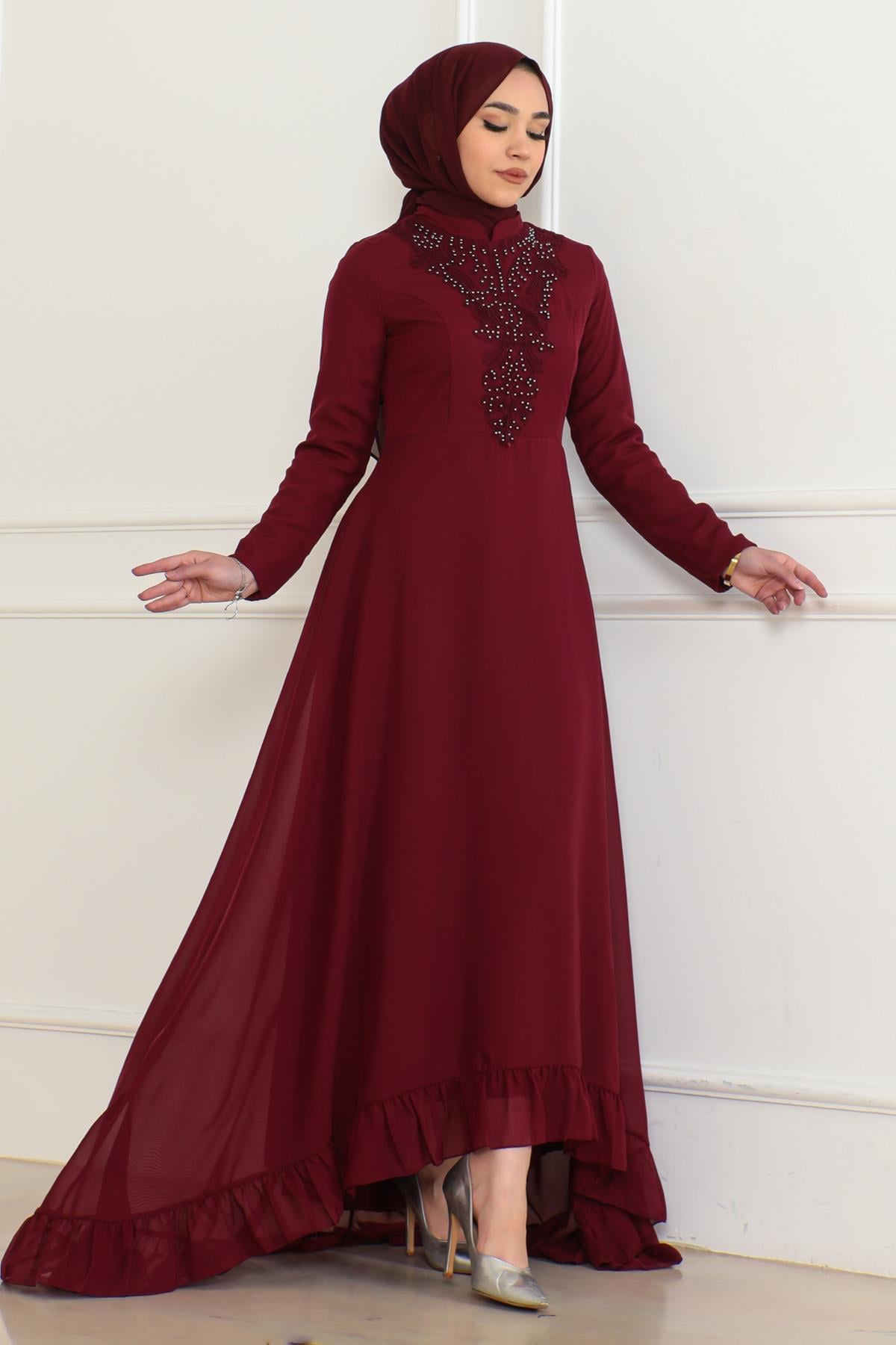İnci Detaylı Abiye Bordo 6130