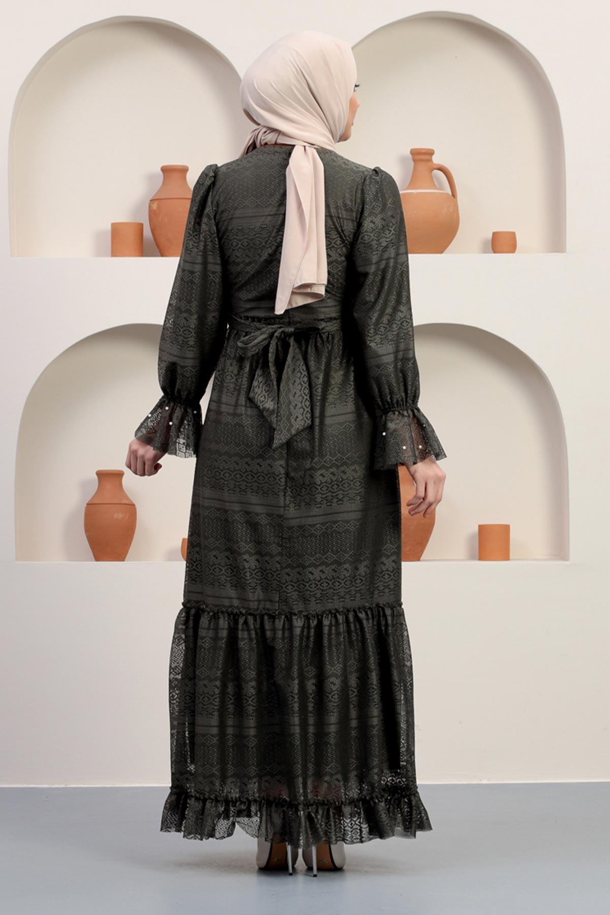 İnci Detaylı Dantel Abiye Haki 12239