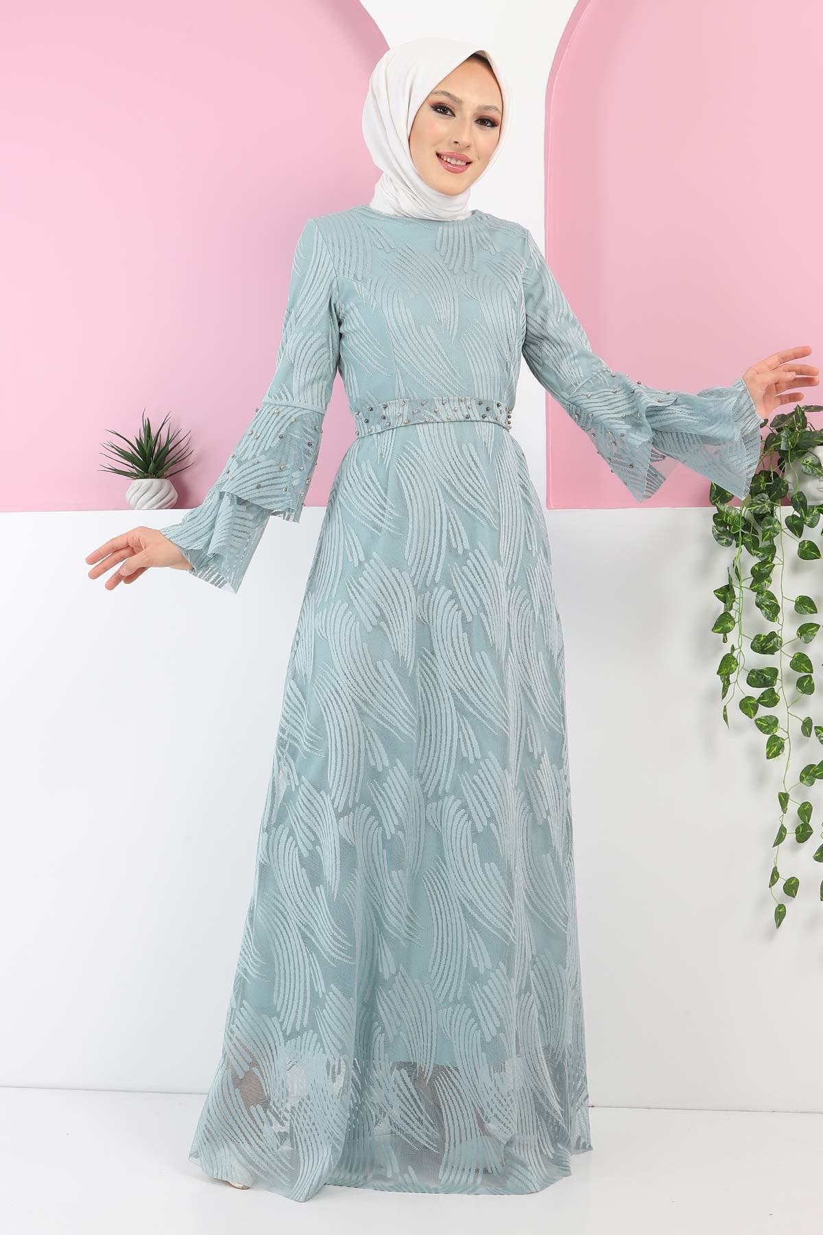 İnci Detaylı Dantel Elbise Mint 13301