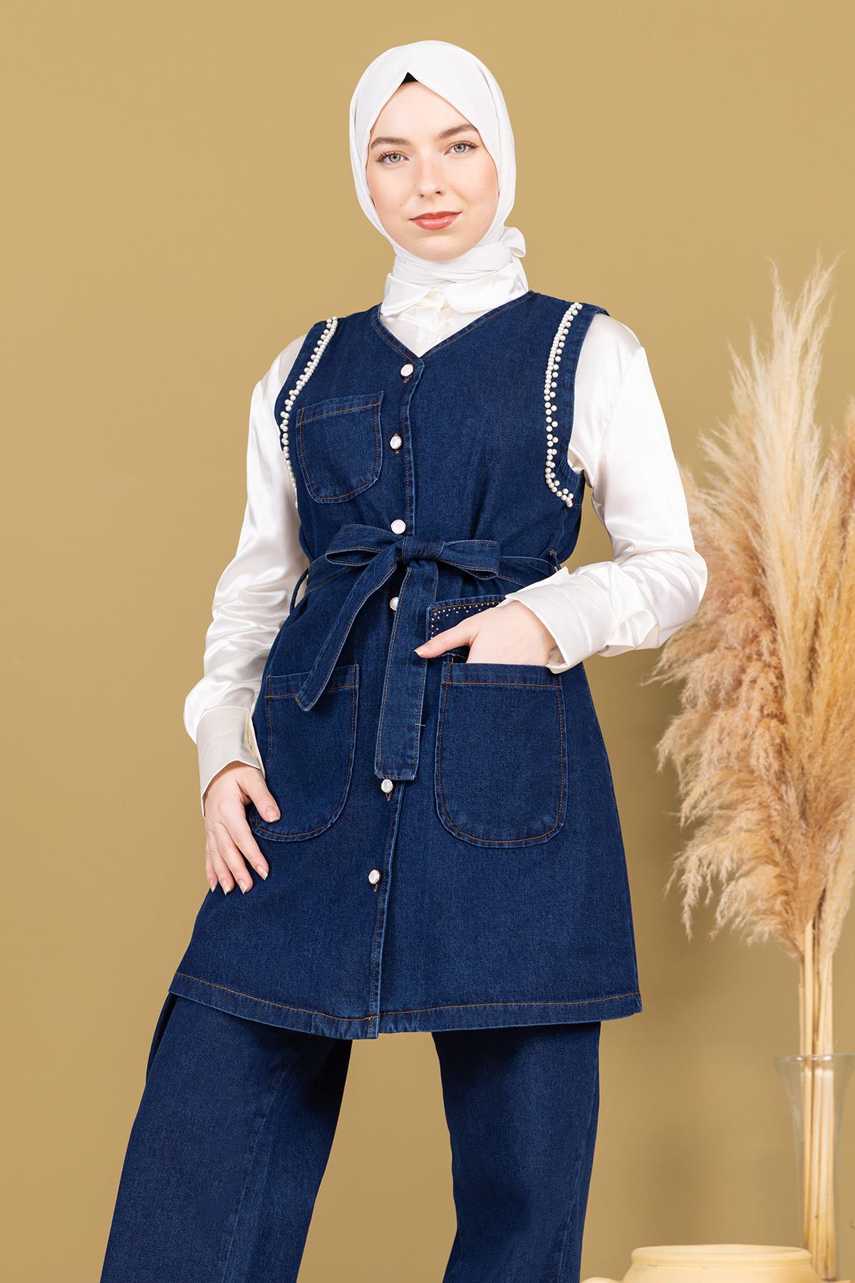 İnci Detaylı İkili Takım Koyu Kot 19245