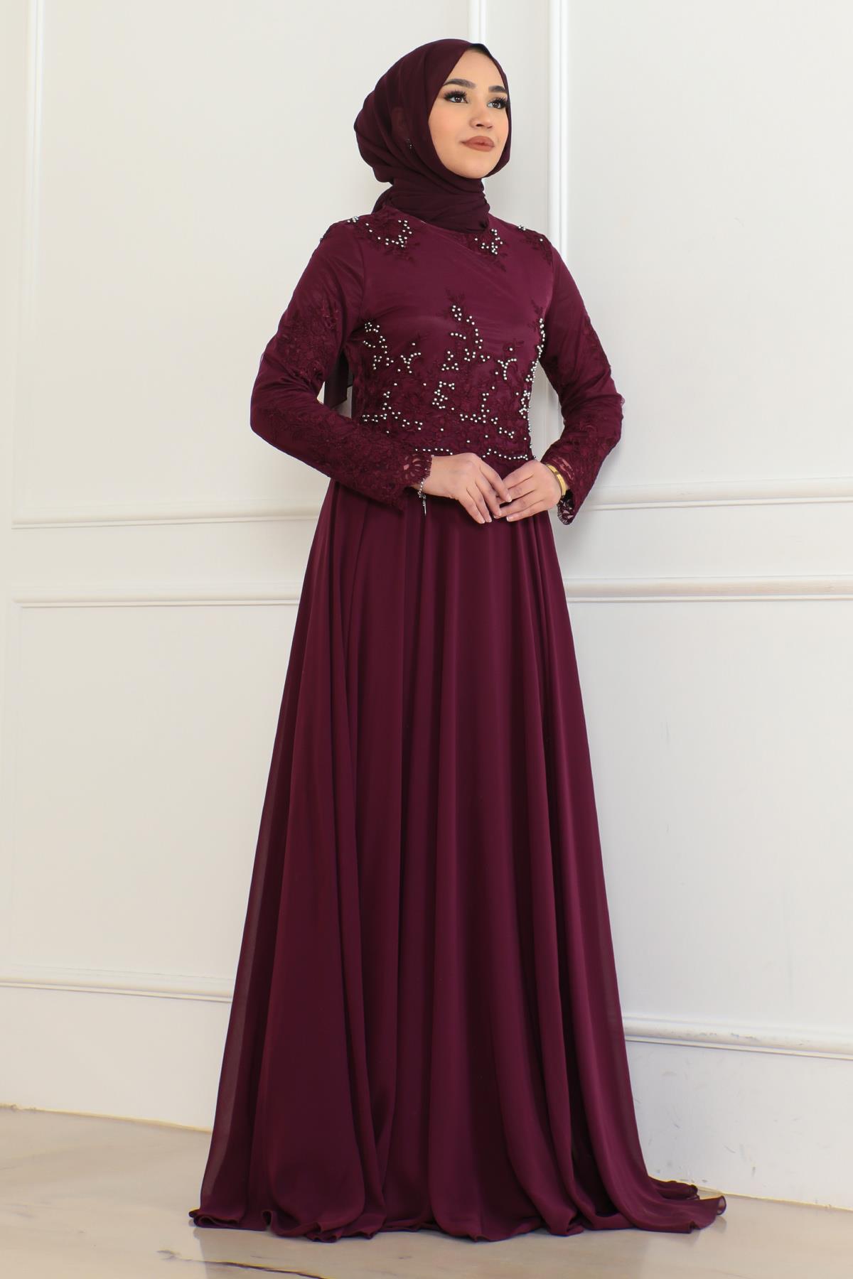 İnci Detaylı Şifon Abiye Mürdüm 6141