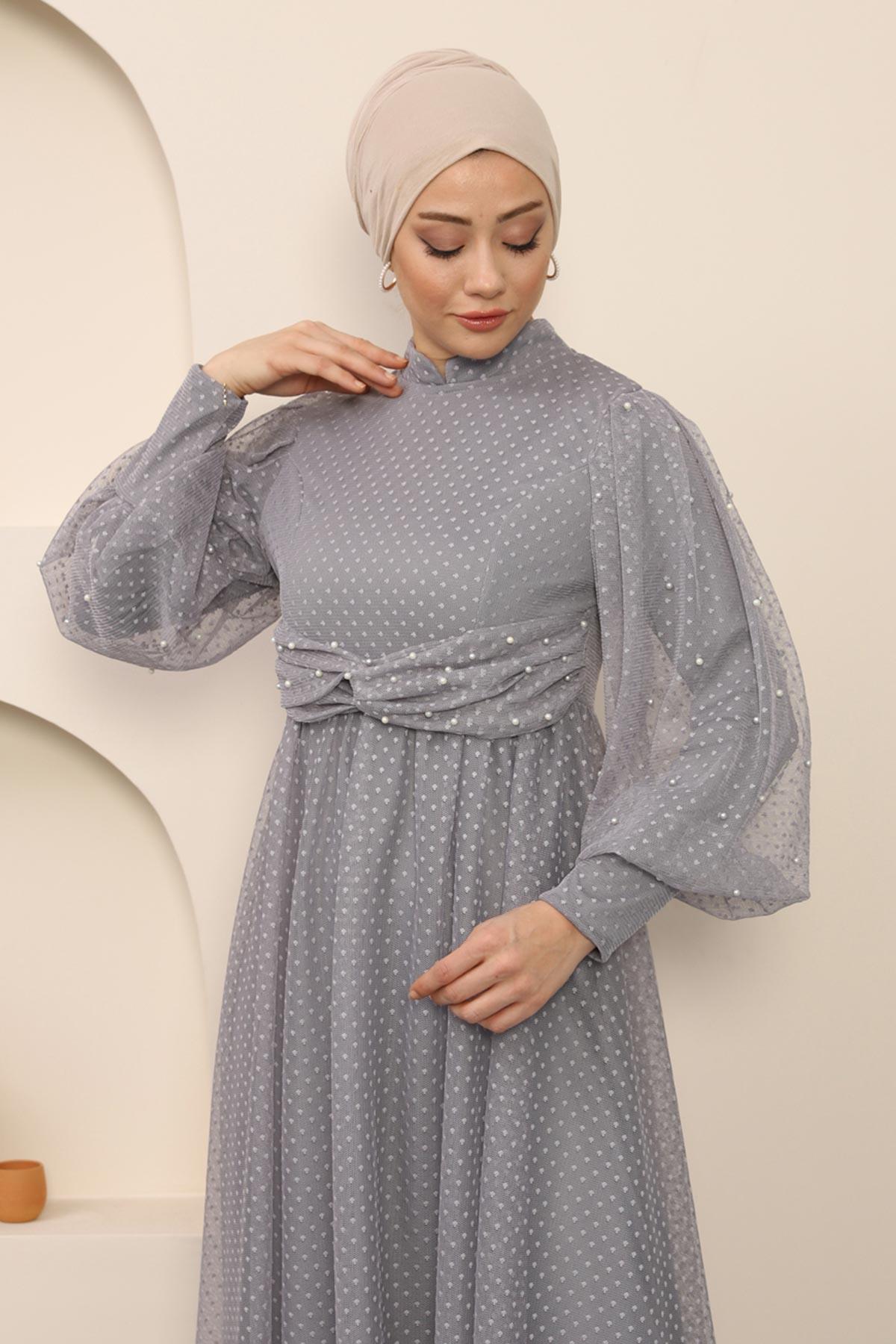 İnci Detaylı Tül Abiye Gri Gri MSW12238-5