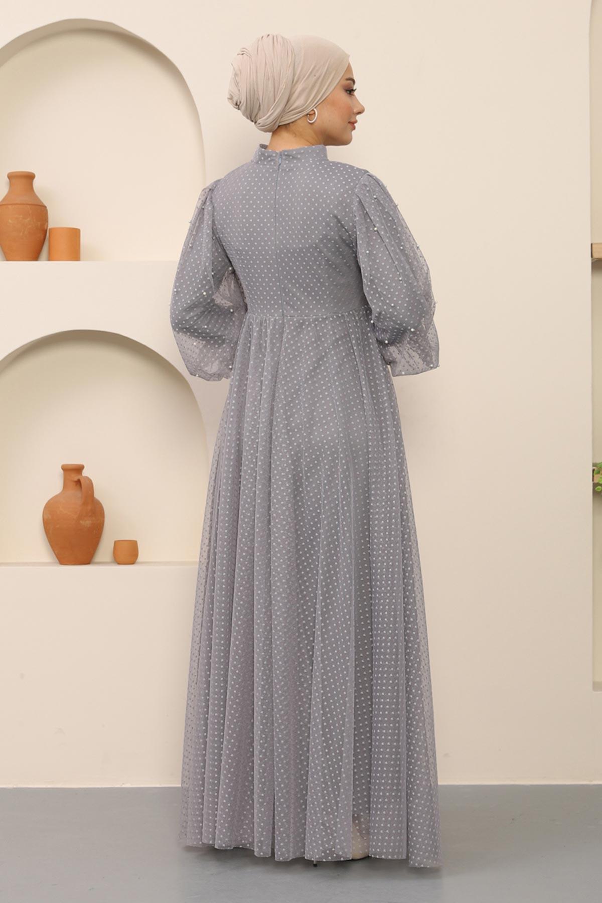 İnci Detaylı Tül Abiye Gri Gri MSW12238-5