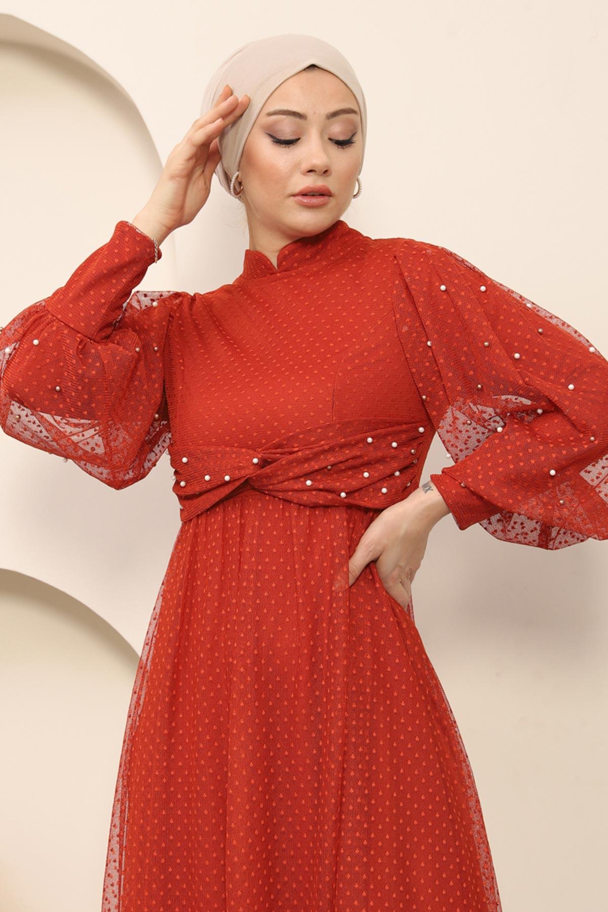 İnci Detaylı Tül Abiye Kiremit Kiremit MSW12238-4