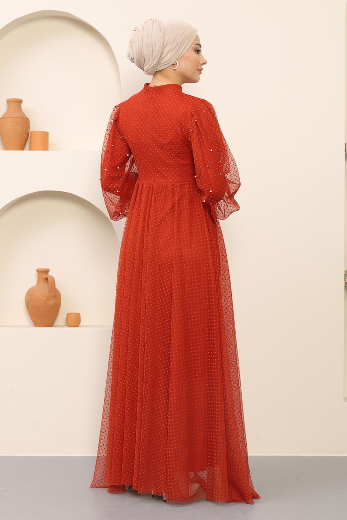 İnci Detaylı Tül Abiye Kiremit Kiremit MSW12238-4