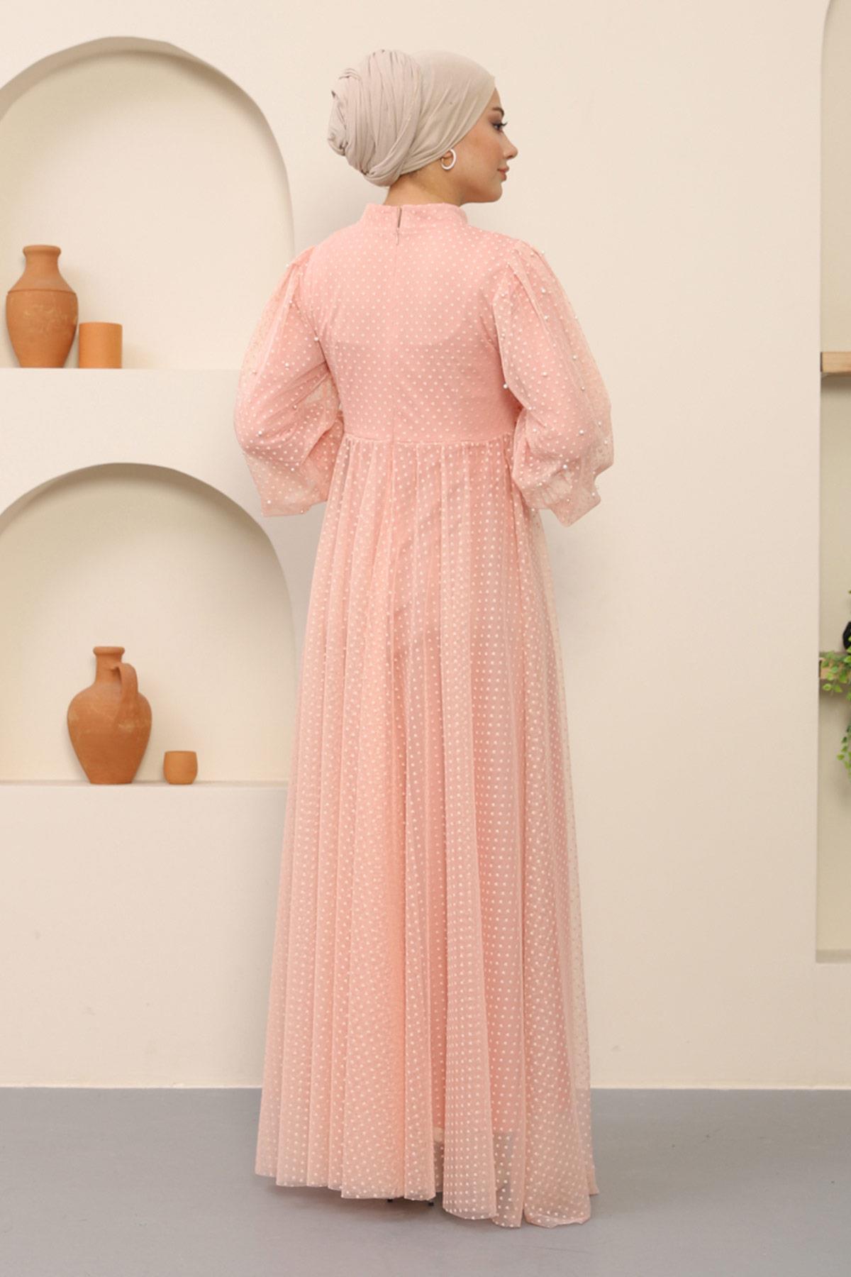 İnci Detaylı Tül Abiye Pudra Pudra MSW12238-3