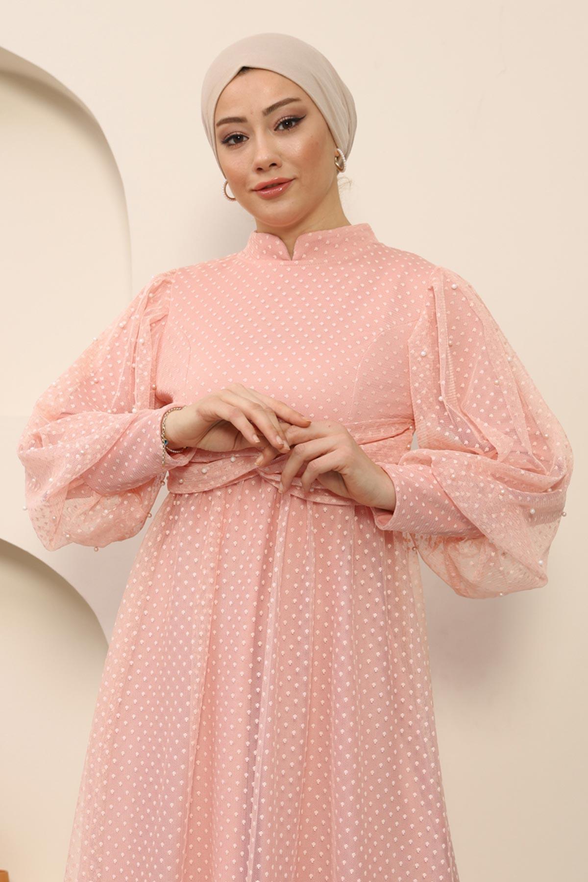 İnci Detaylı Tül Abiye Pudra Pudra MSW12238-3