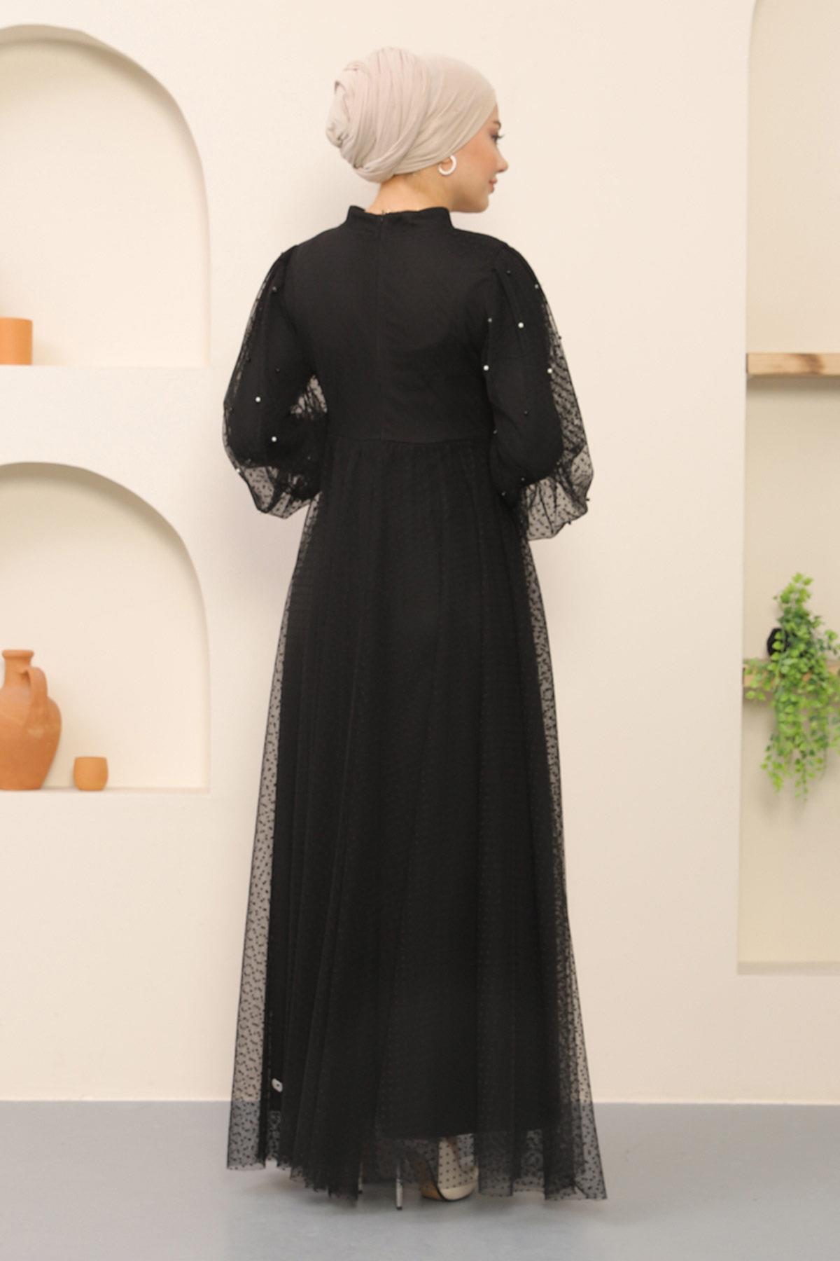 İnci Detaylı Tül Abiye Siyah Siyah MSW12238-1